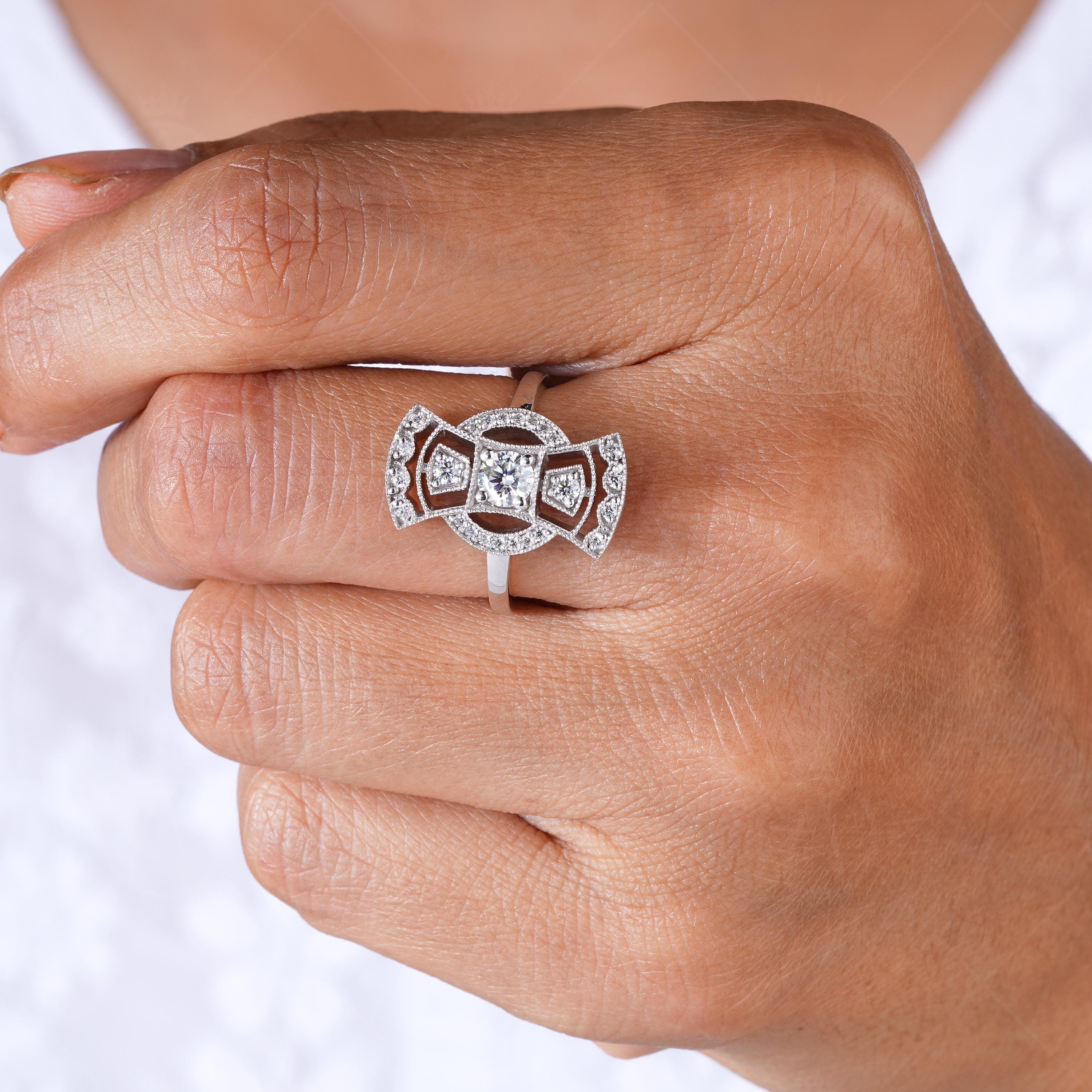 Antique Long Art Deco Edwardian Engagement Ring Retro Long Openwork Ring For Women Victorian Style Milgrain Ring