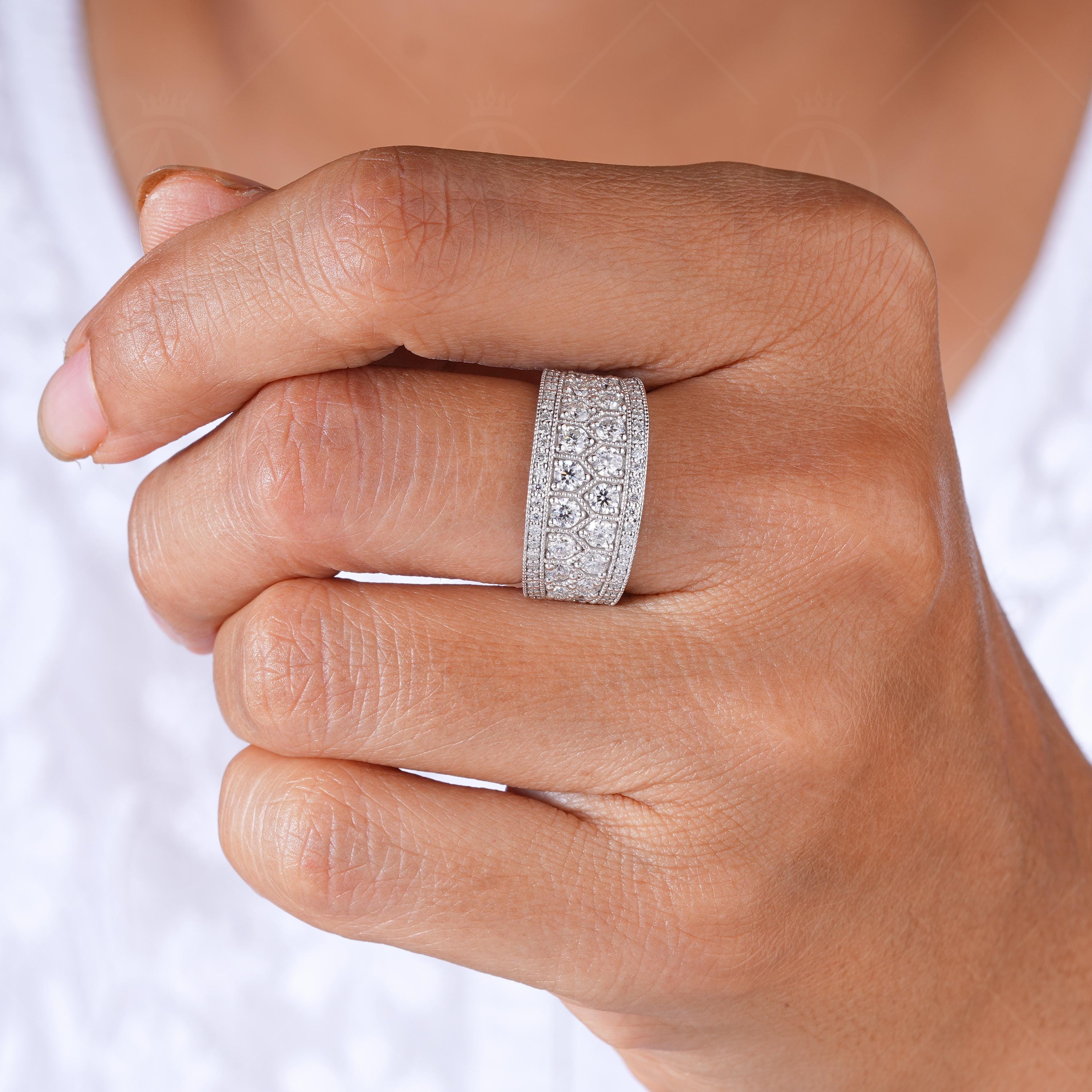 Designer Wide Right Hand Band Rings For Women Art Deco Milgrain Vintage Anniversary Band Thick Moissanite Band