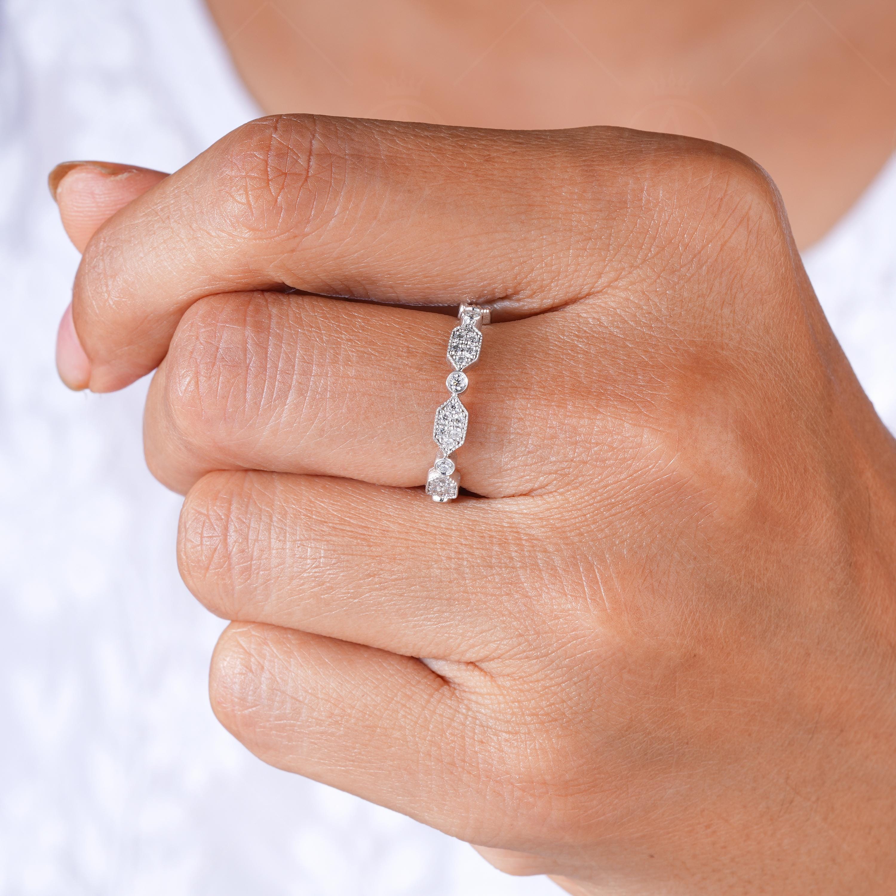 Art Deco Estate Wedding Band For Women Milgrain Vintage Full Eternity Band Alternating Promise Ring For Her