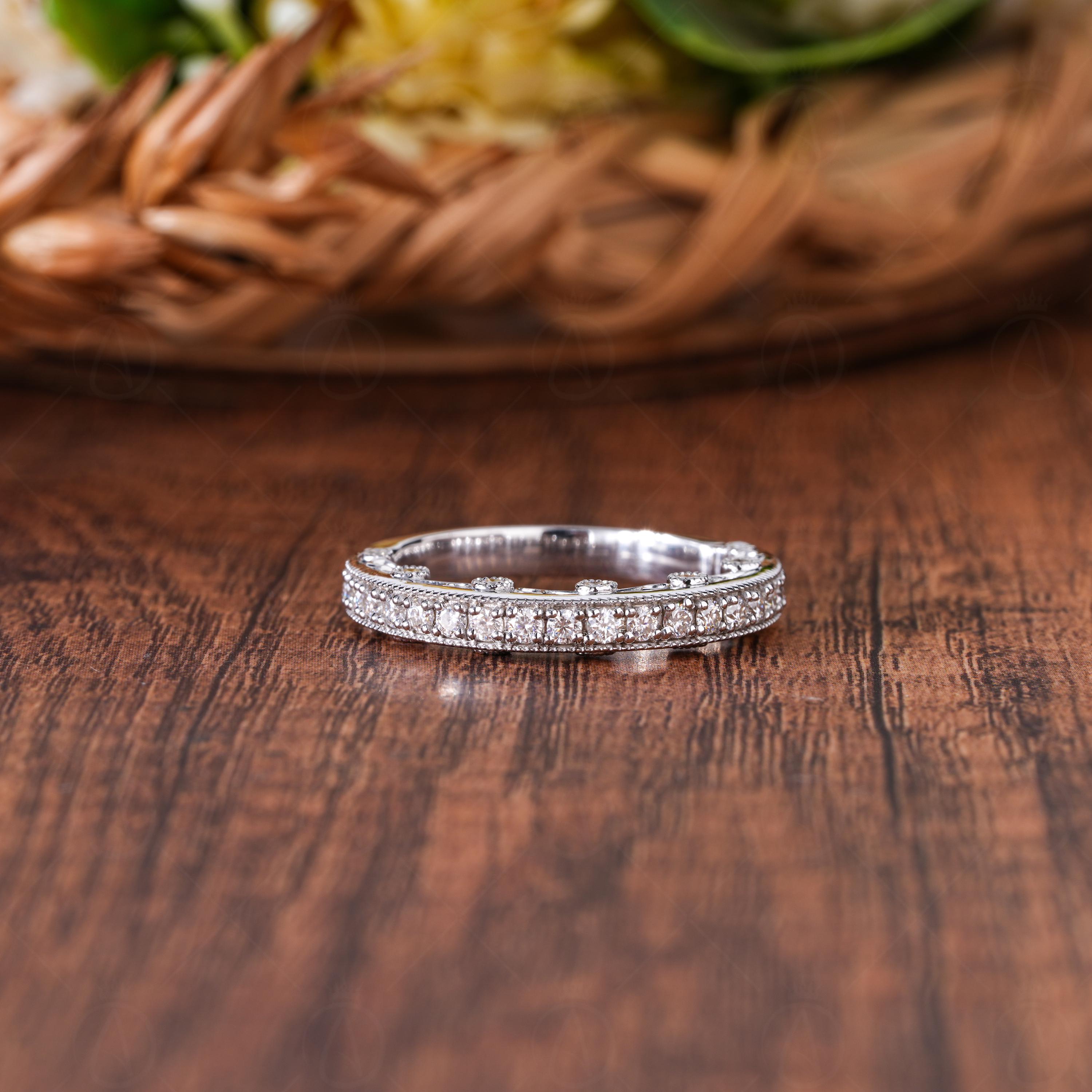 Peekaboo Vintage Style Half Eternity Art Deco Wedding Band, Milgrain Unique Bridal Band, Stackable Anniversary Band For Women