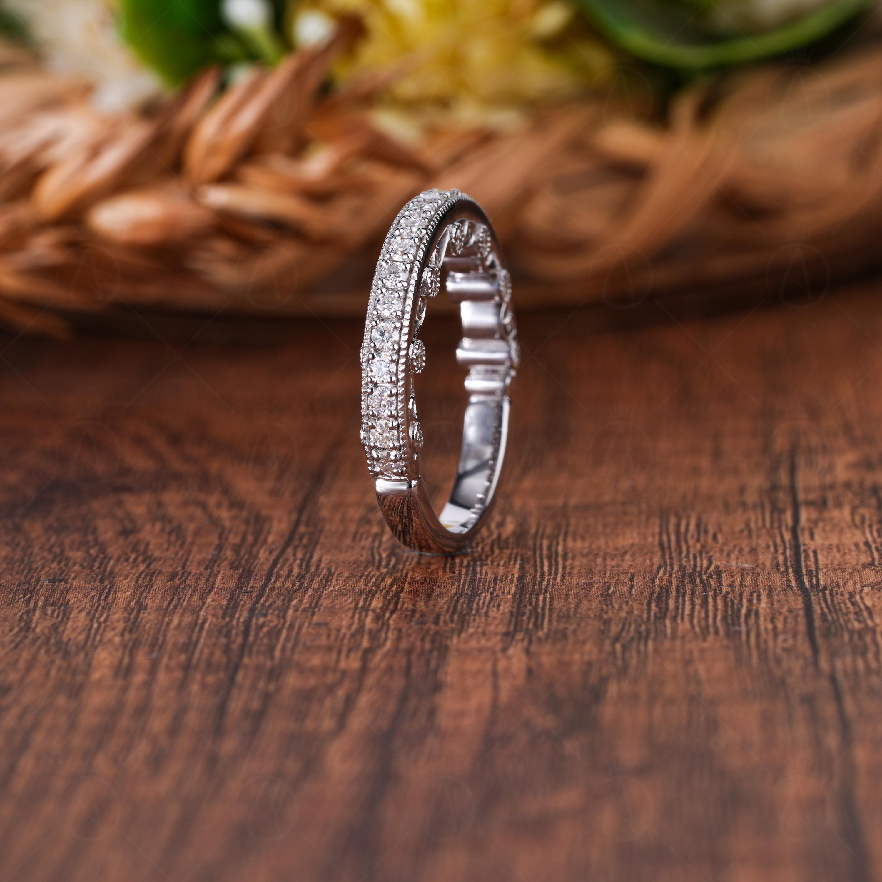 Peekaboo Vintage Style Half Eternity Art Deco Wedding Band, Milgrain Unique Bridal Band, Stackable Anniversary Band For Women