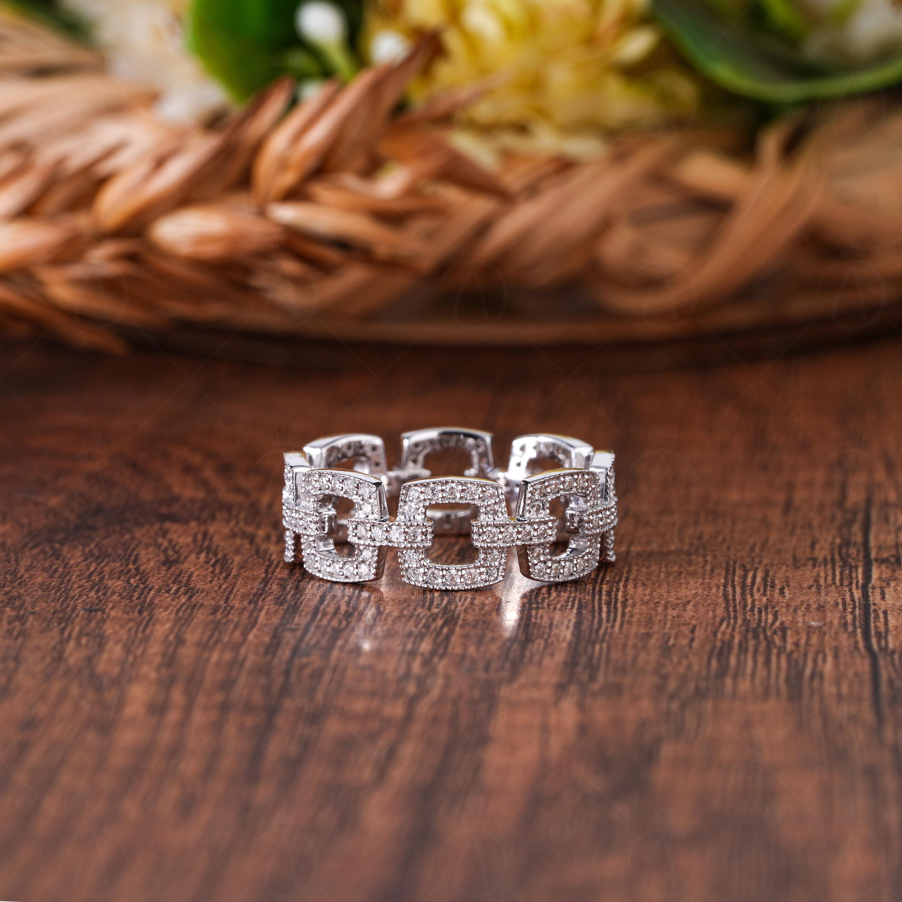 Chain Link Moissanite Pave Full Eternity Wedding Band, Interlink Cable Stacking Rings, Matching Band For Women