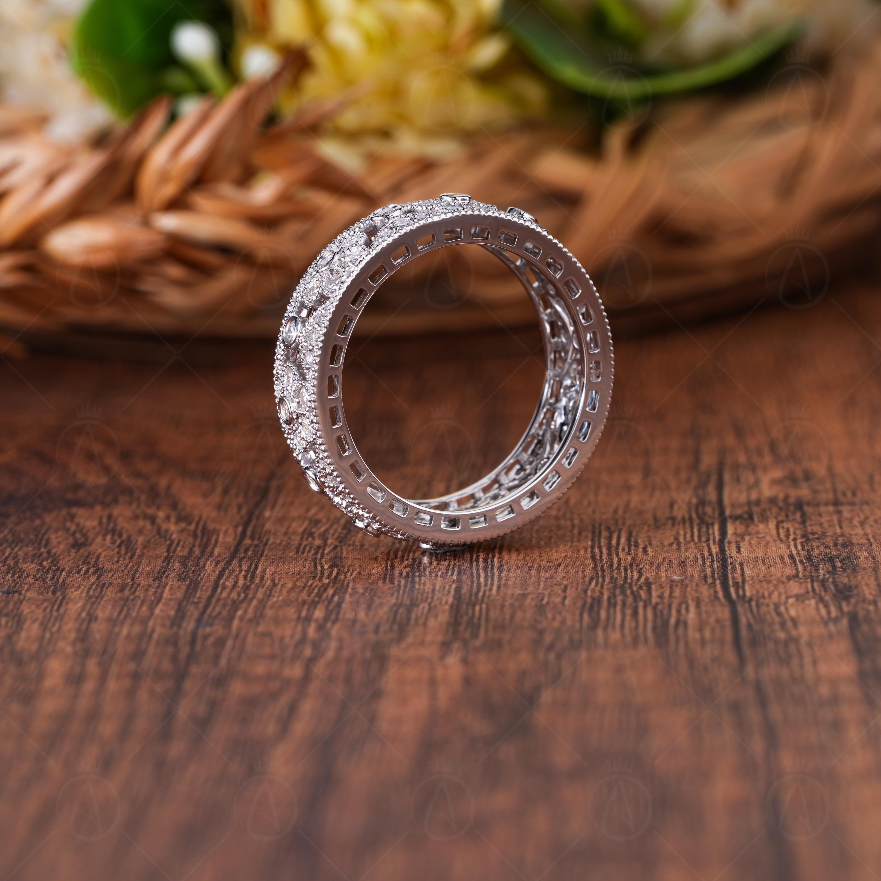 Nature Inspired Art Deco Moissanite Full Eternity Wedding Band, Floral Inspire Vintage Style Wide Band, Milgrain Anniversary Band