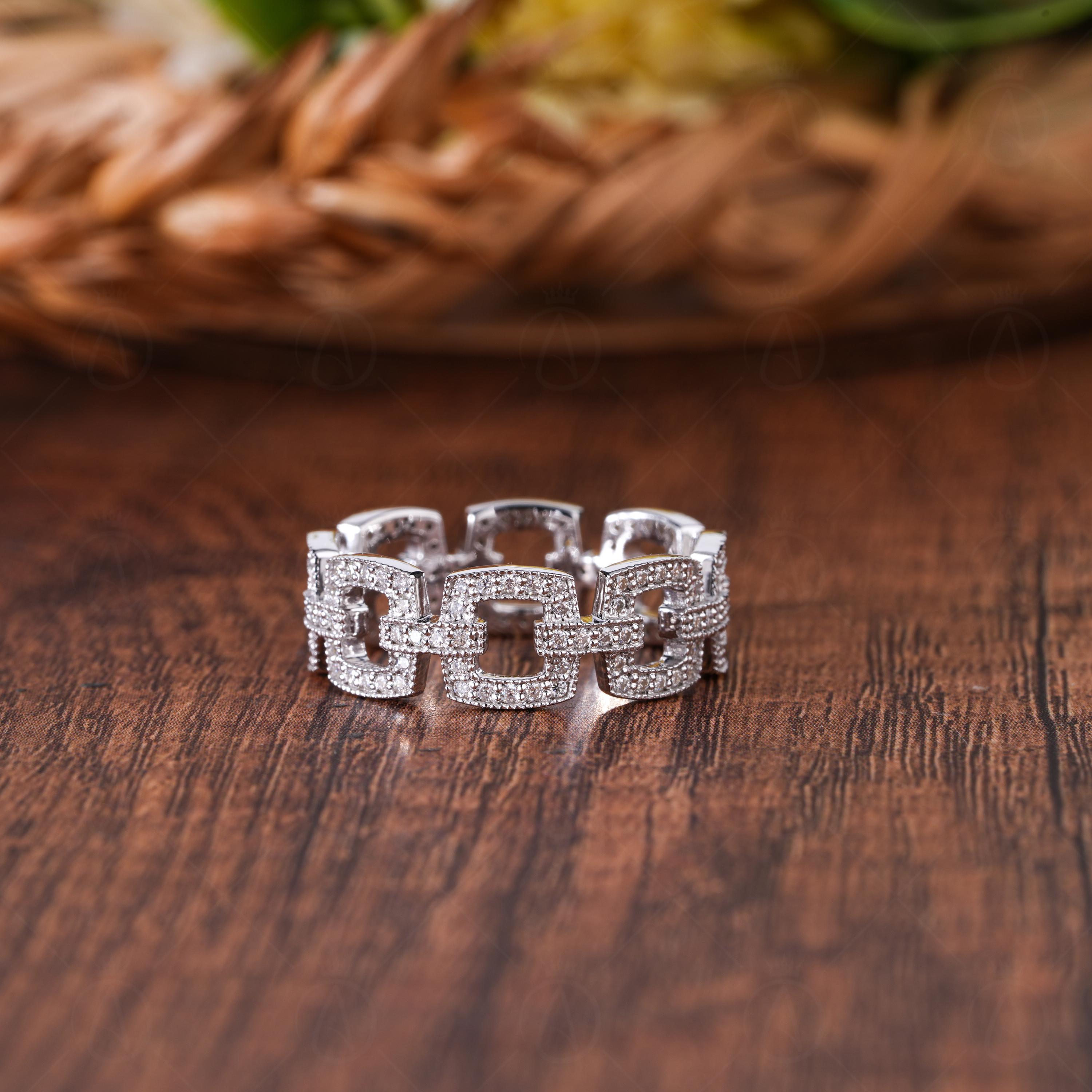 Chain Link Moissanite Pave Full Eternity Wedding Band, Interlink Cable Stacking Rings, Matching Band For Women