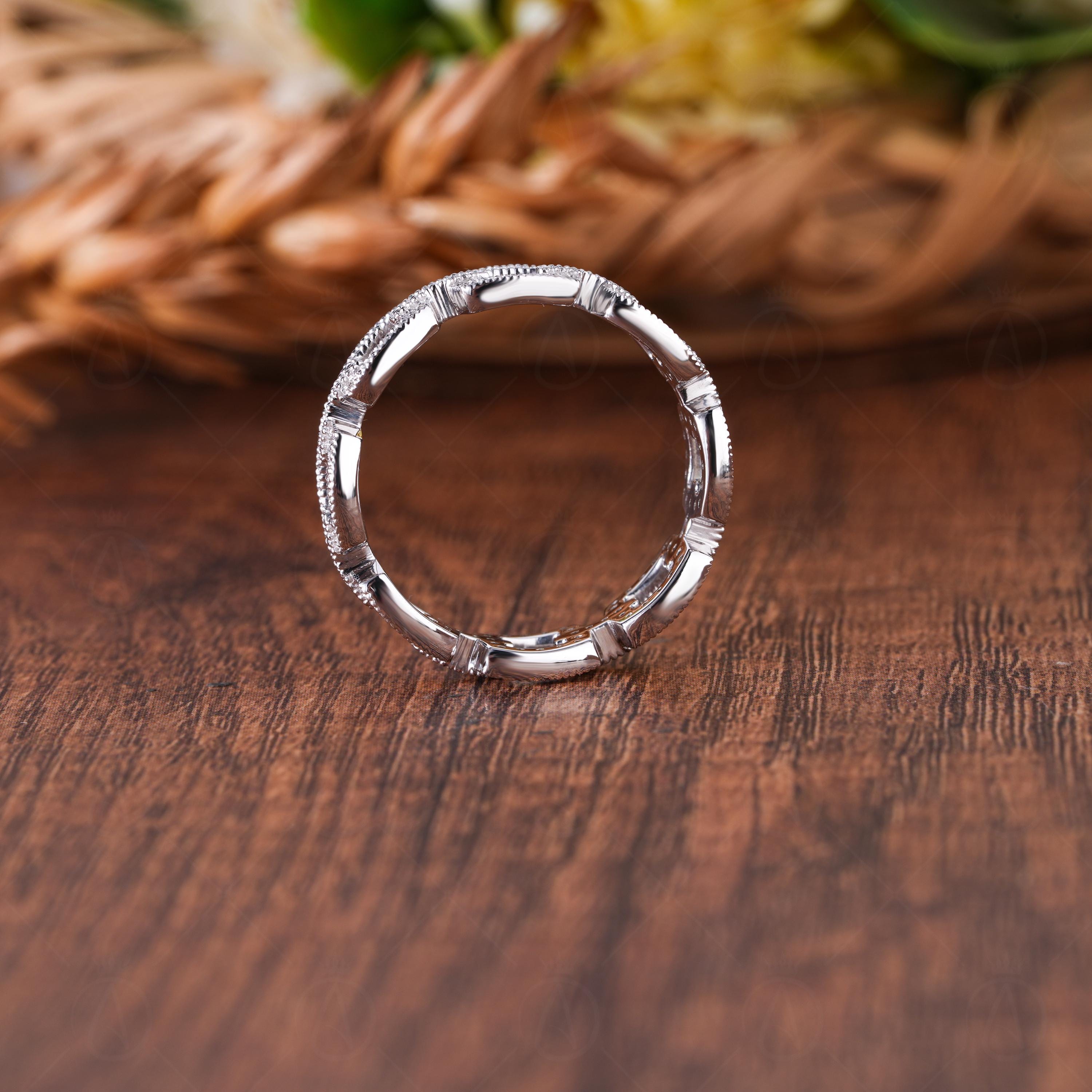 Chain Link Moissanite Pave Full Eternity Wedding Band, Interlink Cable Stacking Rings, Matching Band For Women