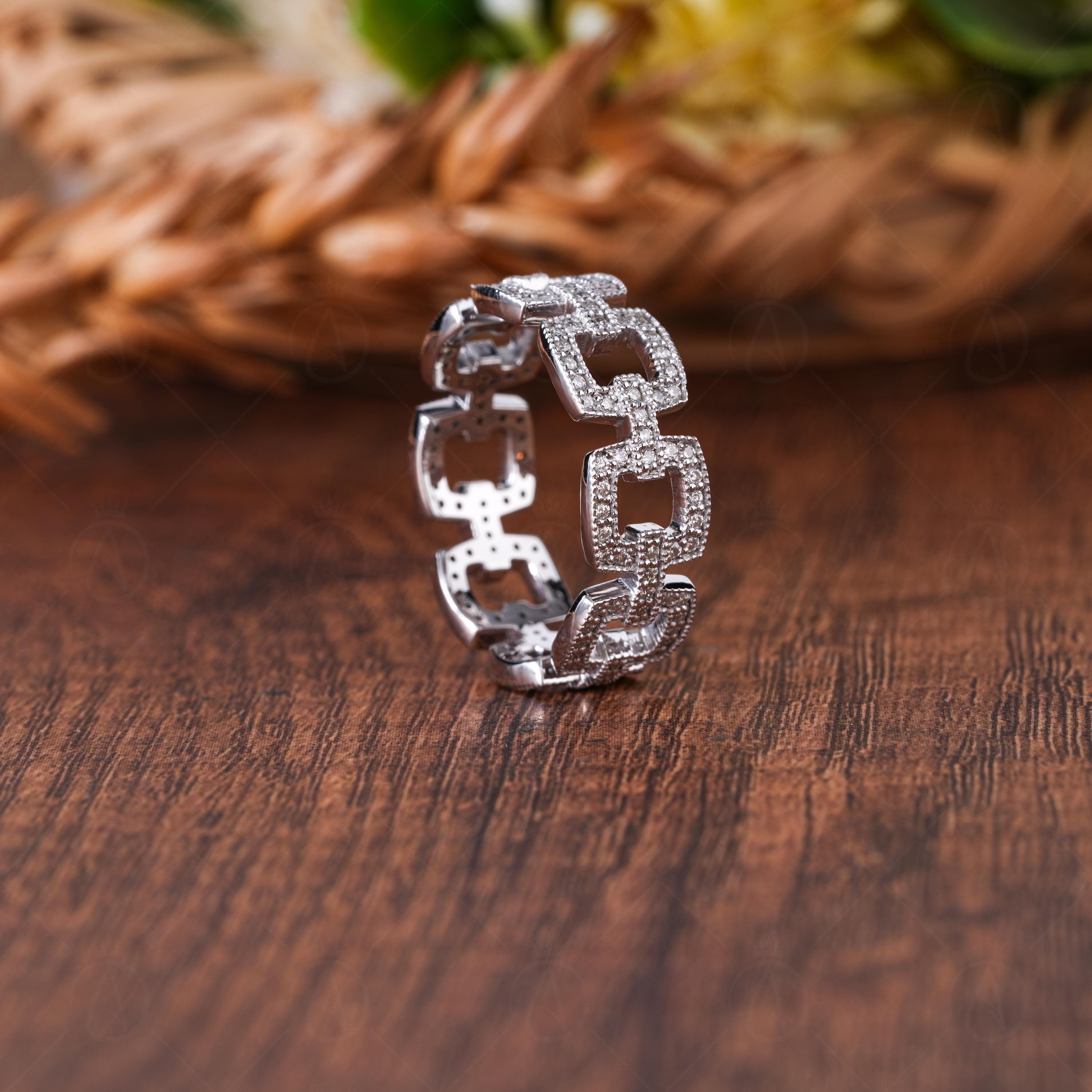 Chain Link Moissanite Pave Full Eternity Wedding Band, Interlink Cable Stacking Rings, Matching Band For Women