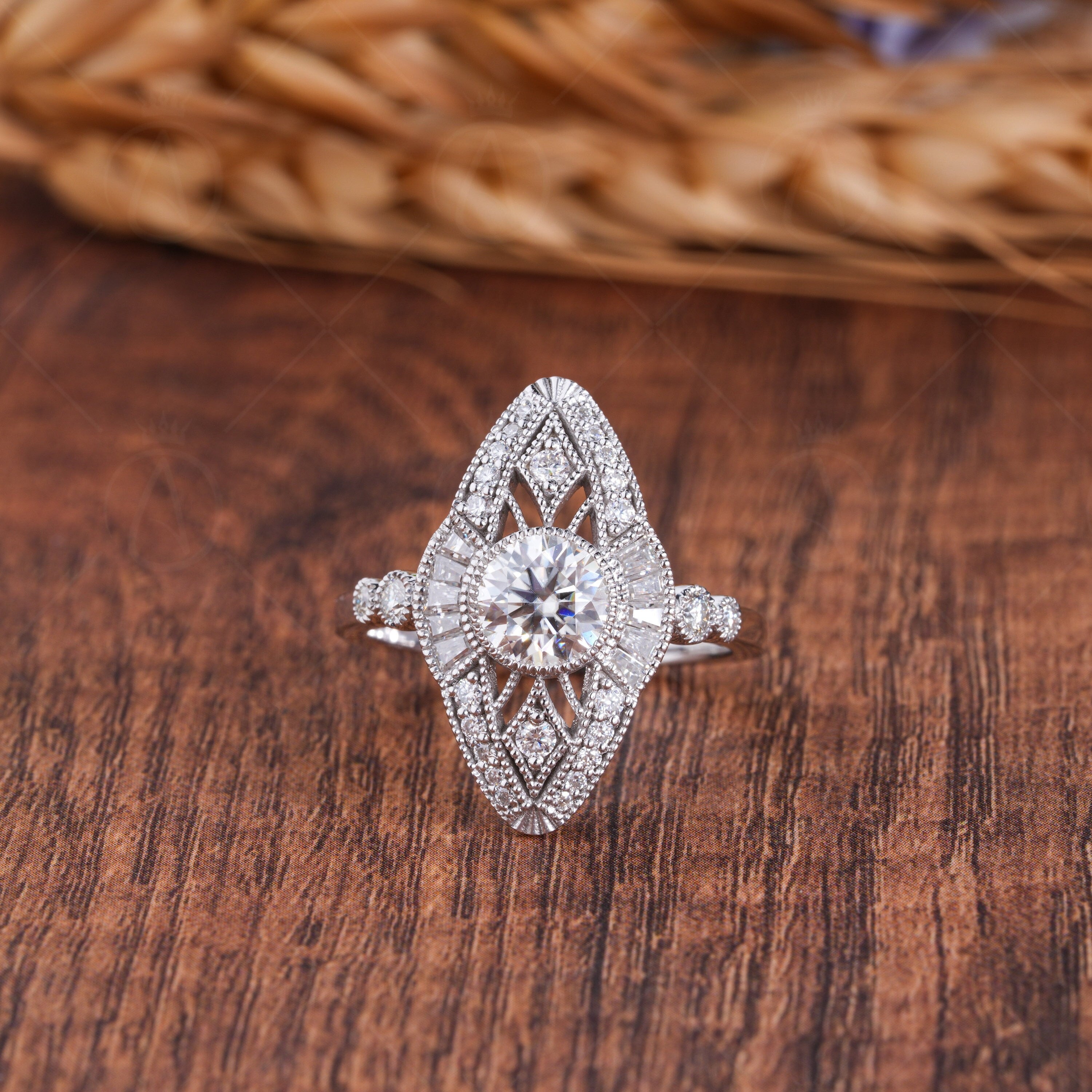 Vertical Evil Eye Inspired Edwardian Engagement Ring, Vintage Filigree Ring For Women, Round Moissanite Art Deco Ring, Milgrain Ring