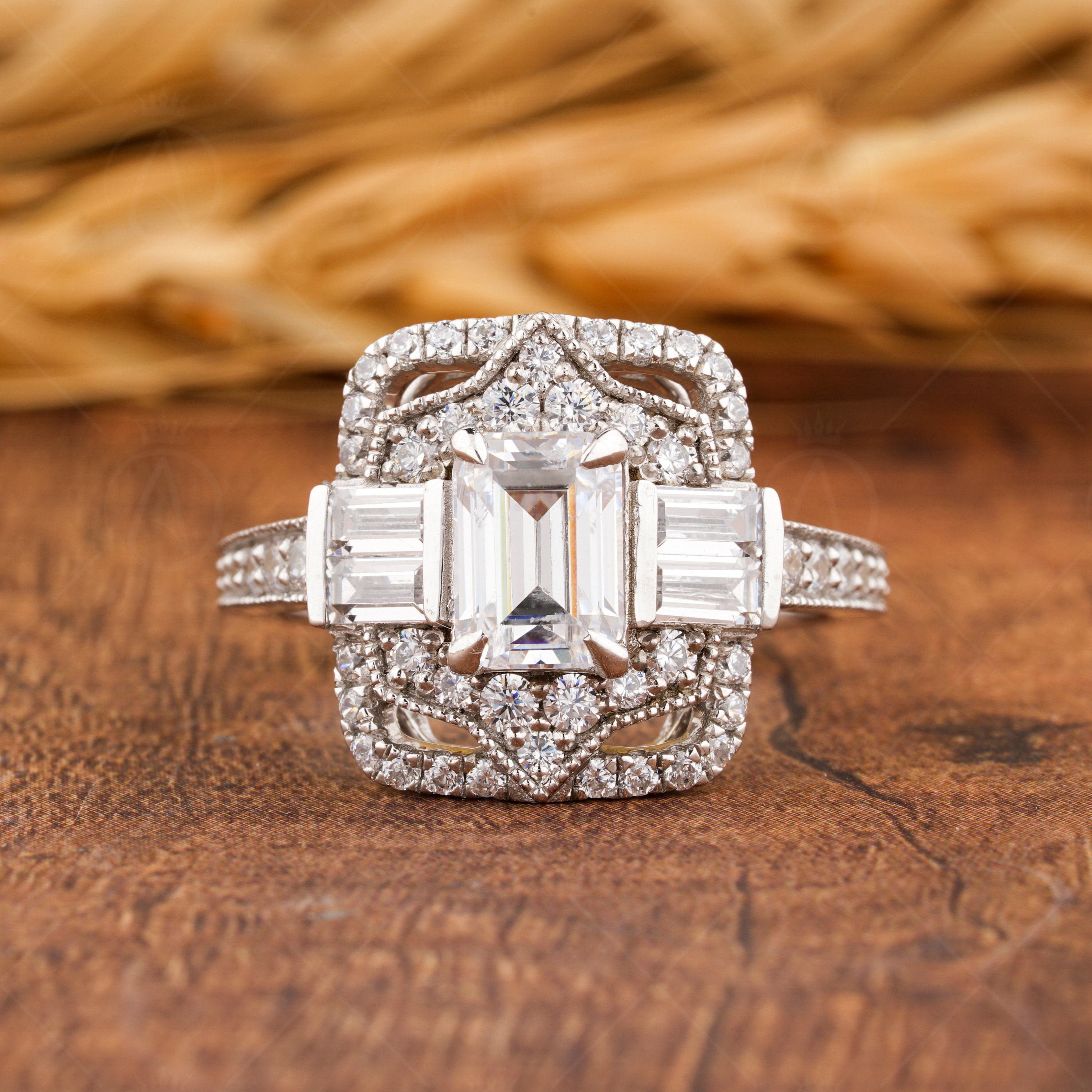 Emerald Cut Moissanite Ring, Art Deco Style Engagement Ring, Antique Vintage Ring, Milgrain Ring, Promise Rings Women, Rectangle Stone Ring