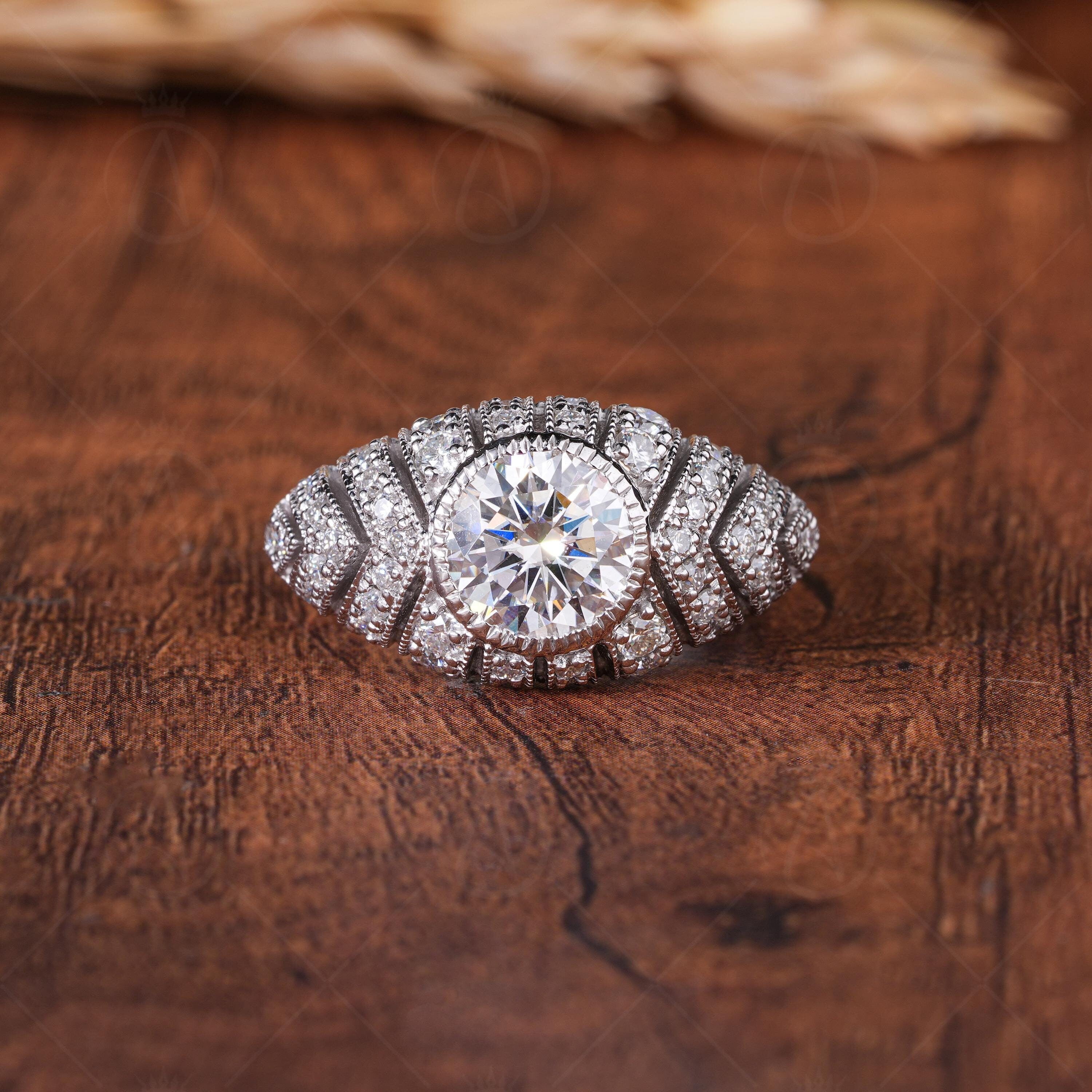 Edwardian Style Dome Statement Ring, Antique Moissanite Vintage Engagement Ring, Art Deco Milgrain Ring For Women, Unique Promise Ring