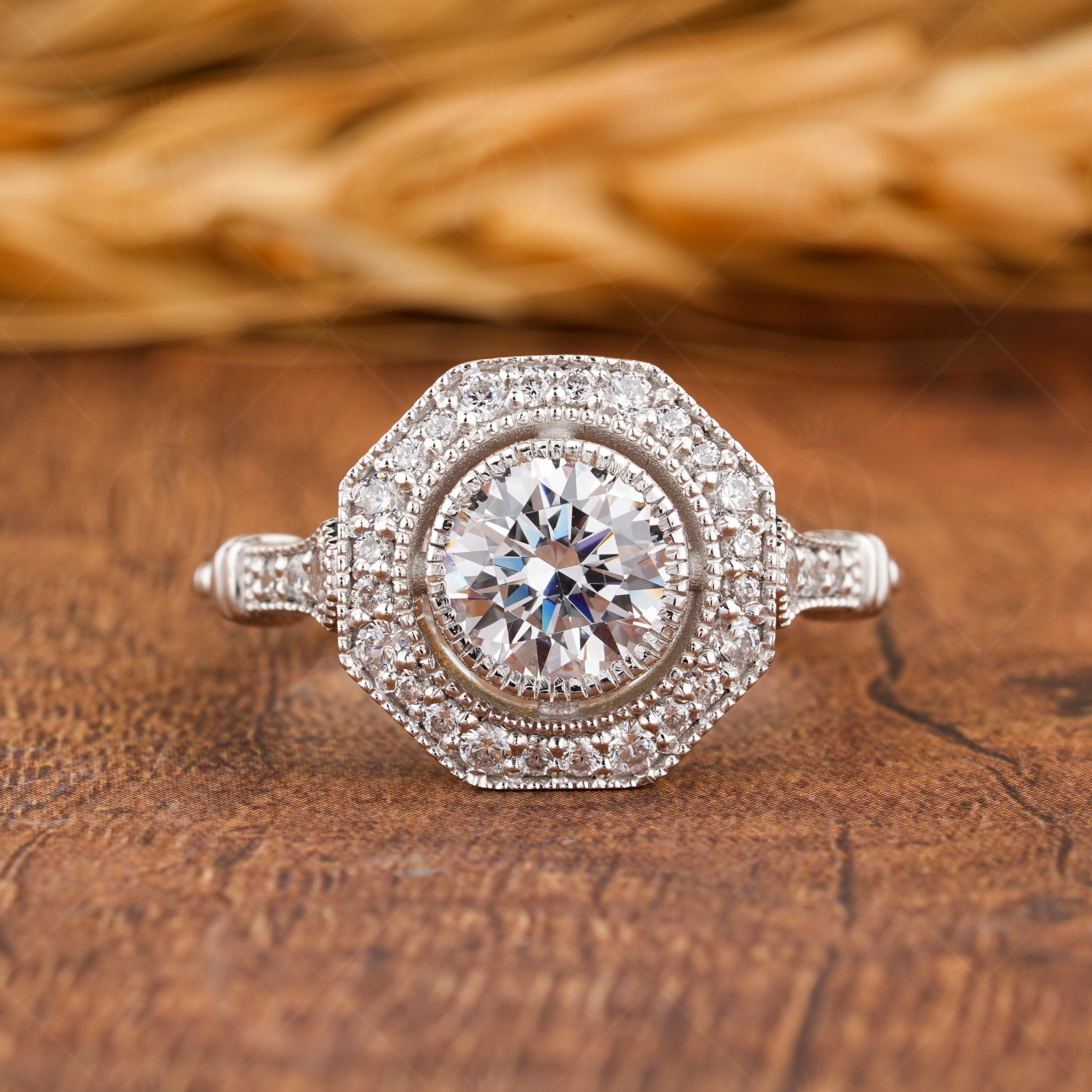 Octagon Shape Ring, Art Deco Style Moissanite Ring, Vintage Inspired Halo Engagement Ring, Antique Milgrain Ring, Bezel Set Round Ring Women