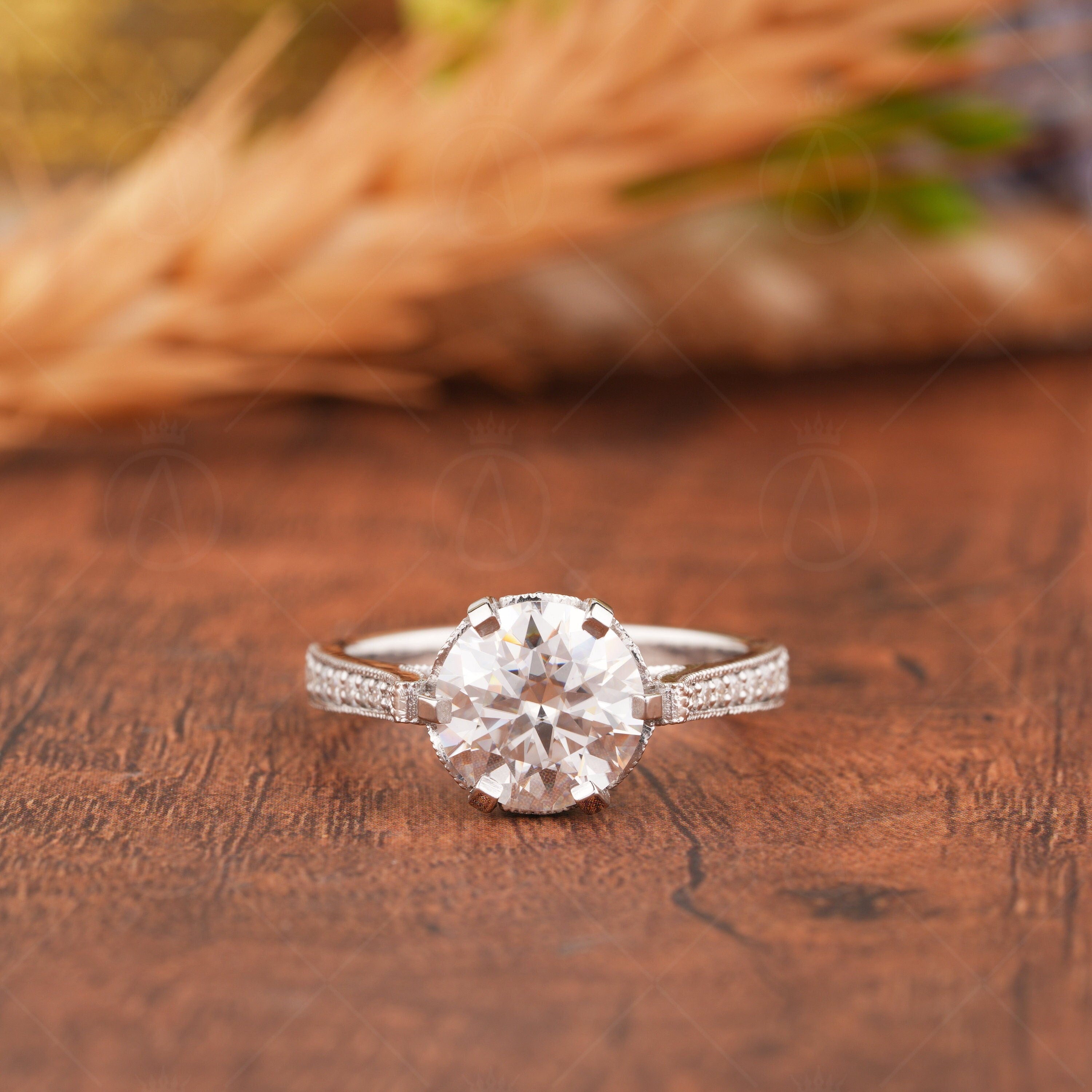 2.5Ct Round Moissanite Engagement Ring, Nature Inspired Solitaire Ring For Women, Leaf And Vine Ring, Art Deco Promise Ring For Her, Unique Wedding Ring, Vintage Anniversary Ring