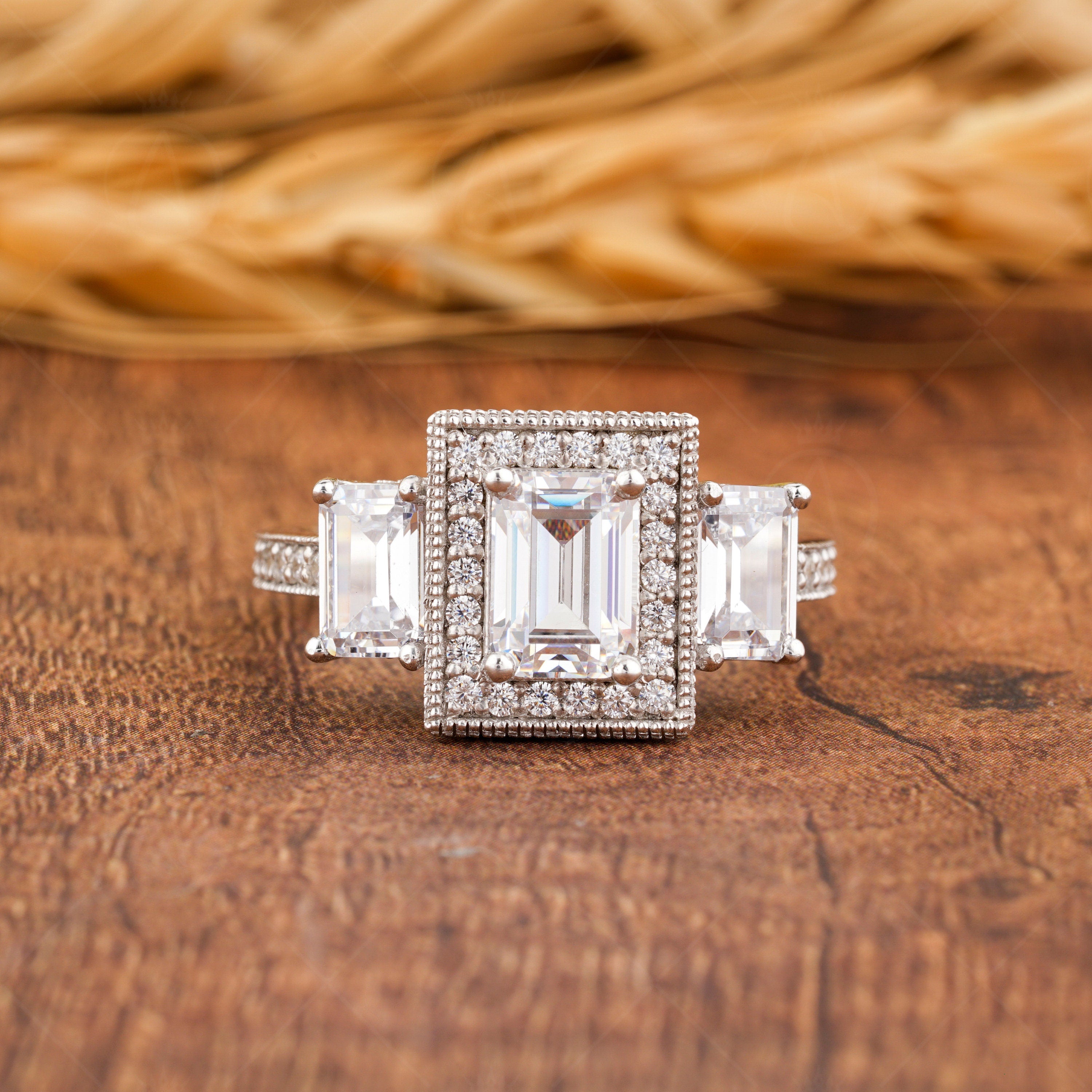 Three Stone Emerald Cut Moissanite Engagement Ring, Antique Art Deco Style Ring, 3 Rectangle Stone Vintage Ring, Milgrain Trilogy Ring Women