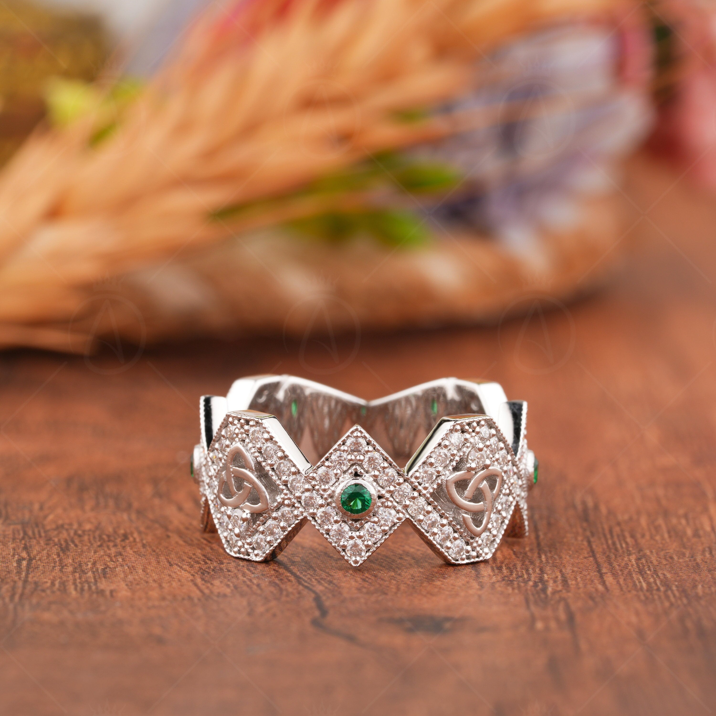 Moissanite Zig Zag Wedding Bands Women, Celtic Endless Knot Ring, Green Stone Wide Anniversary Rings, Art Deco Unique Band, Thick Band Ring