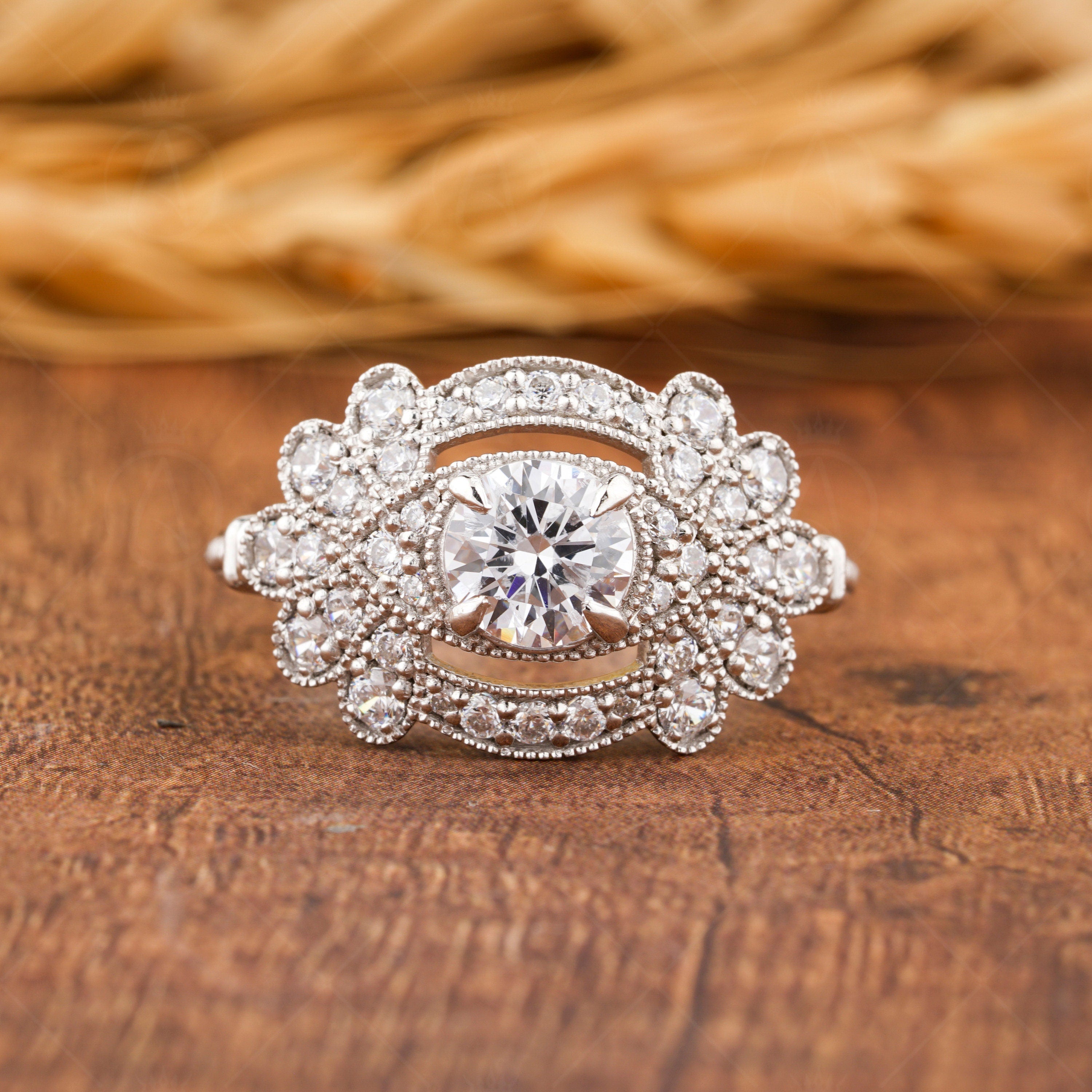 Edwardian Moissanite Engagement Ring, Art Deco Vintage Inspired Ring, Milgrain Wedding Ring, Moissanite Unique Promise Rings For Women