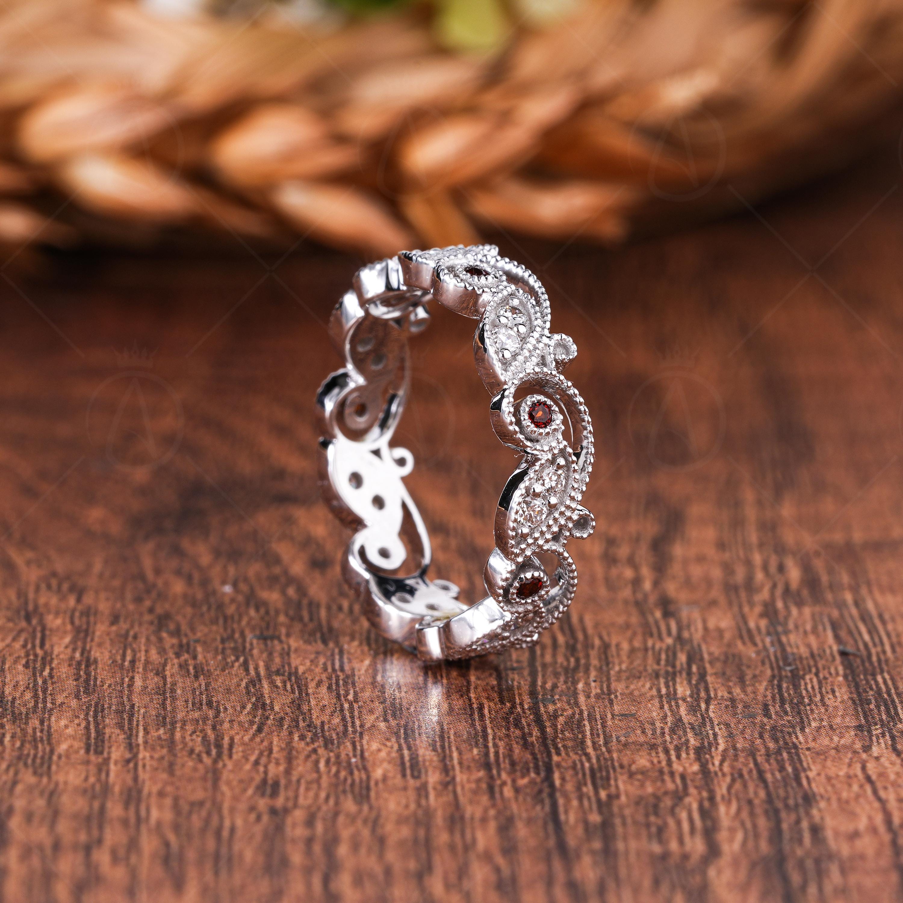 Milgrain Art Deco Lab Grown Diamond & Garnet Eternity Band