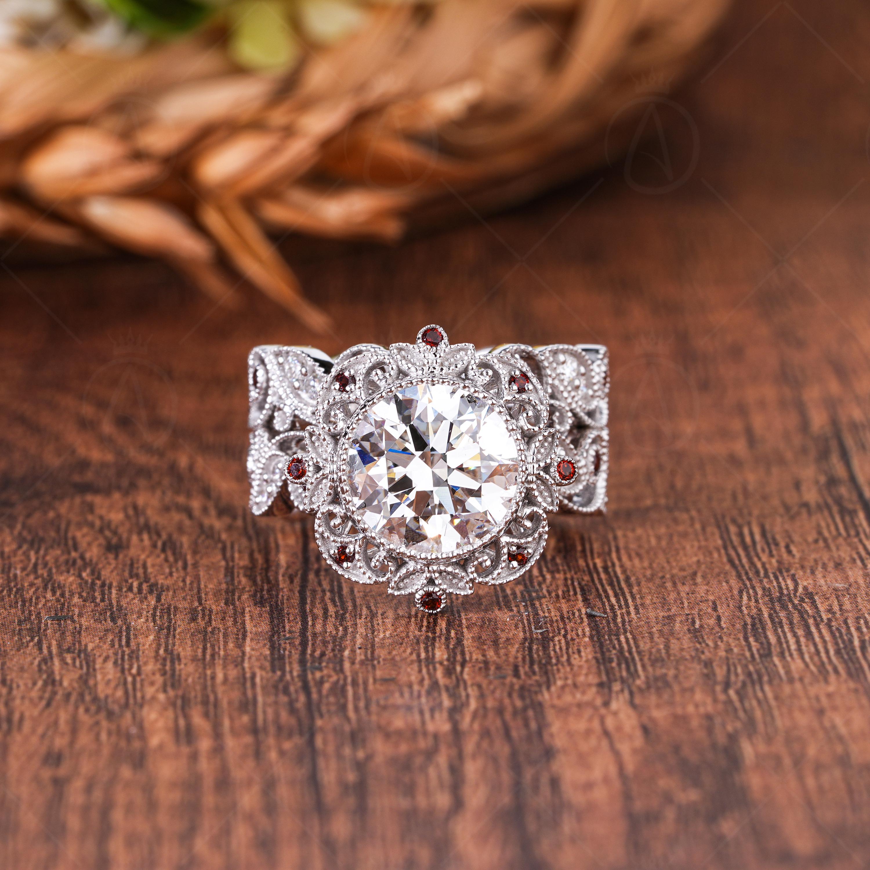 Milgrain Art Deco Lab Grown Diamond and Natural Garnet Ring Set