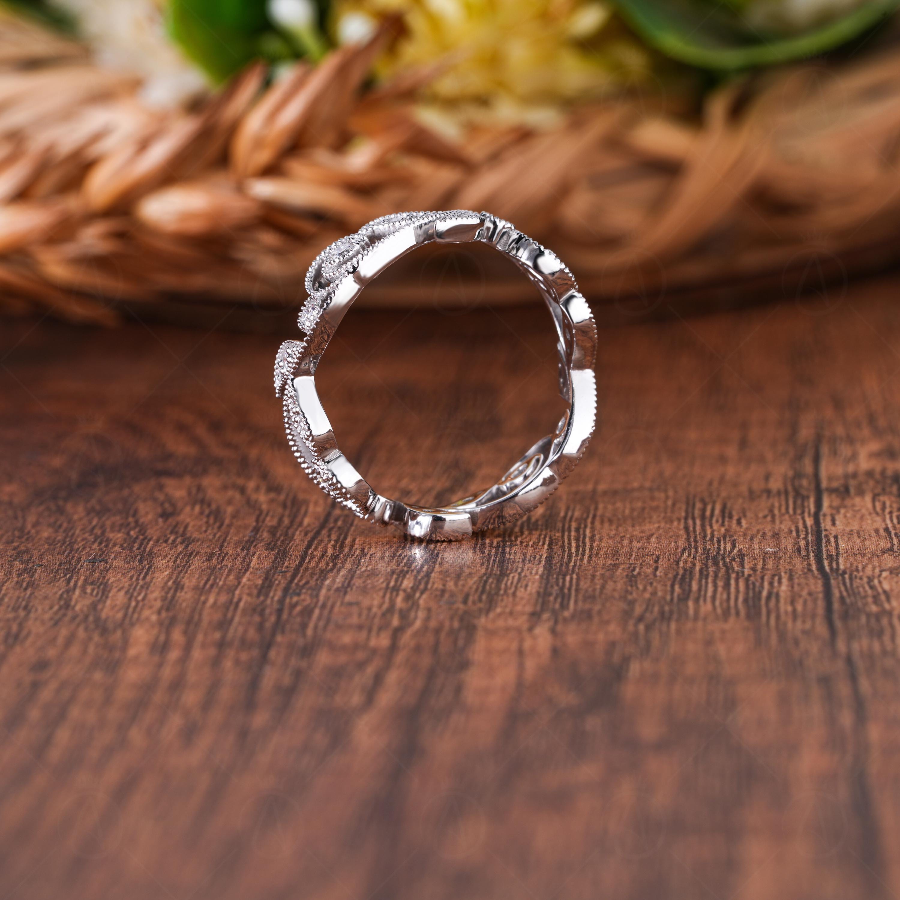 Art Deco Round Cut Moissanite Wedding Band, Vintage Full Eternity Wave Band, Matching Milgrain Band For Women