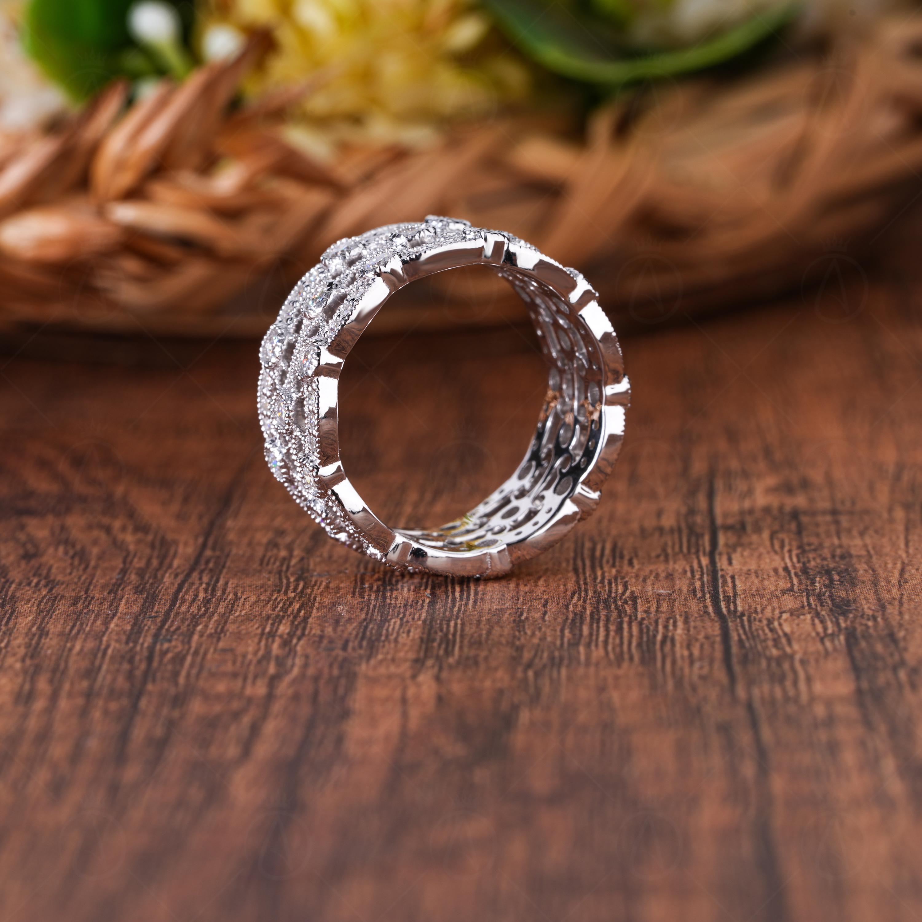 Vintage Style Moissanite Full Eternity Wedding Band, Art Deco Inspired Wide Milgrain Band, 3 Row Filigree Round Band
