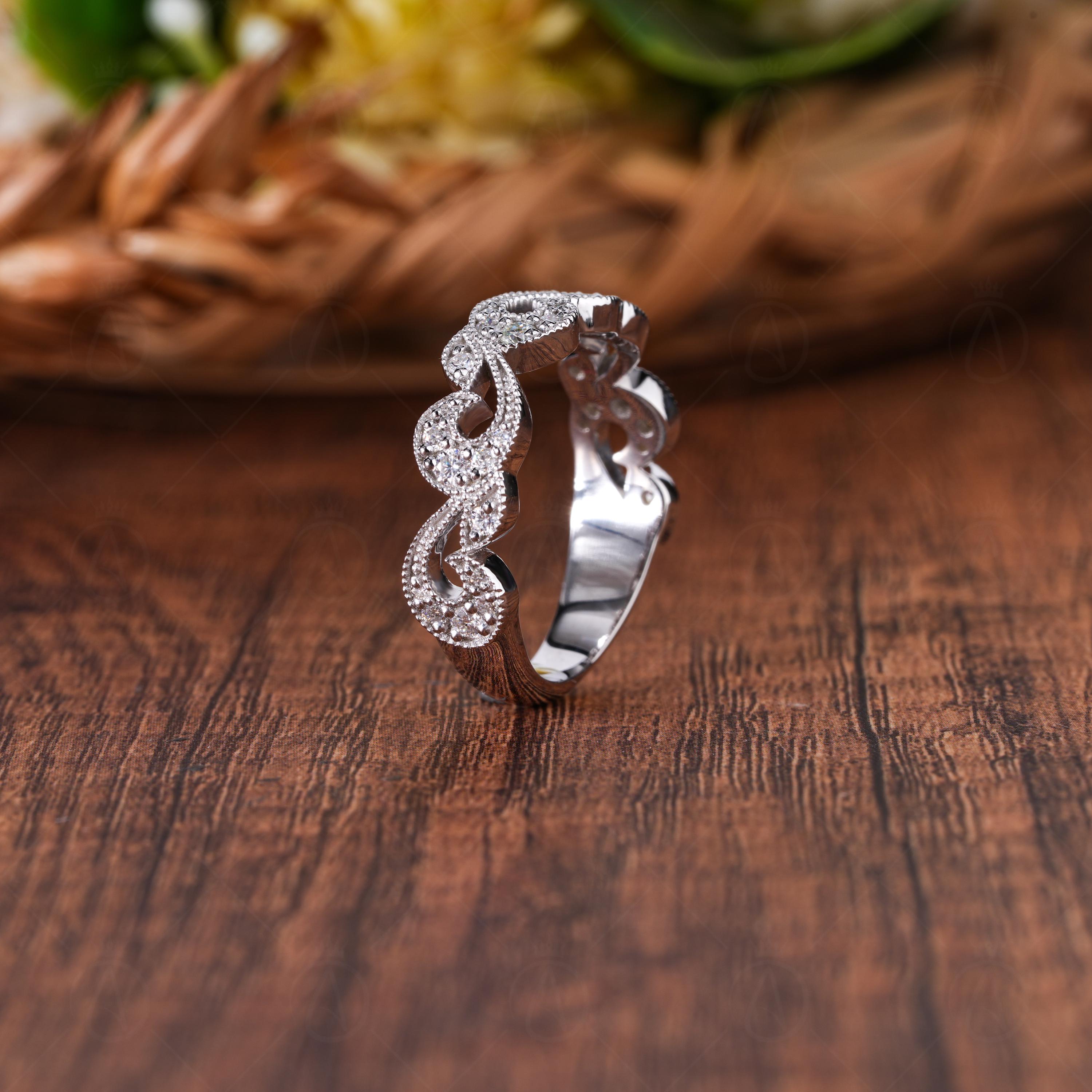 Nature Inspired Moissanite Leaf and Vine Half Eternity Wedding Band, Art Deco Botanical Floral Band, Leaves Band For Her