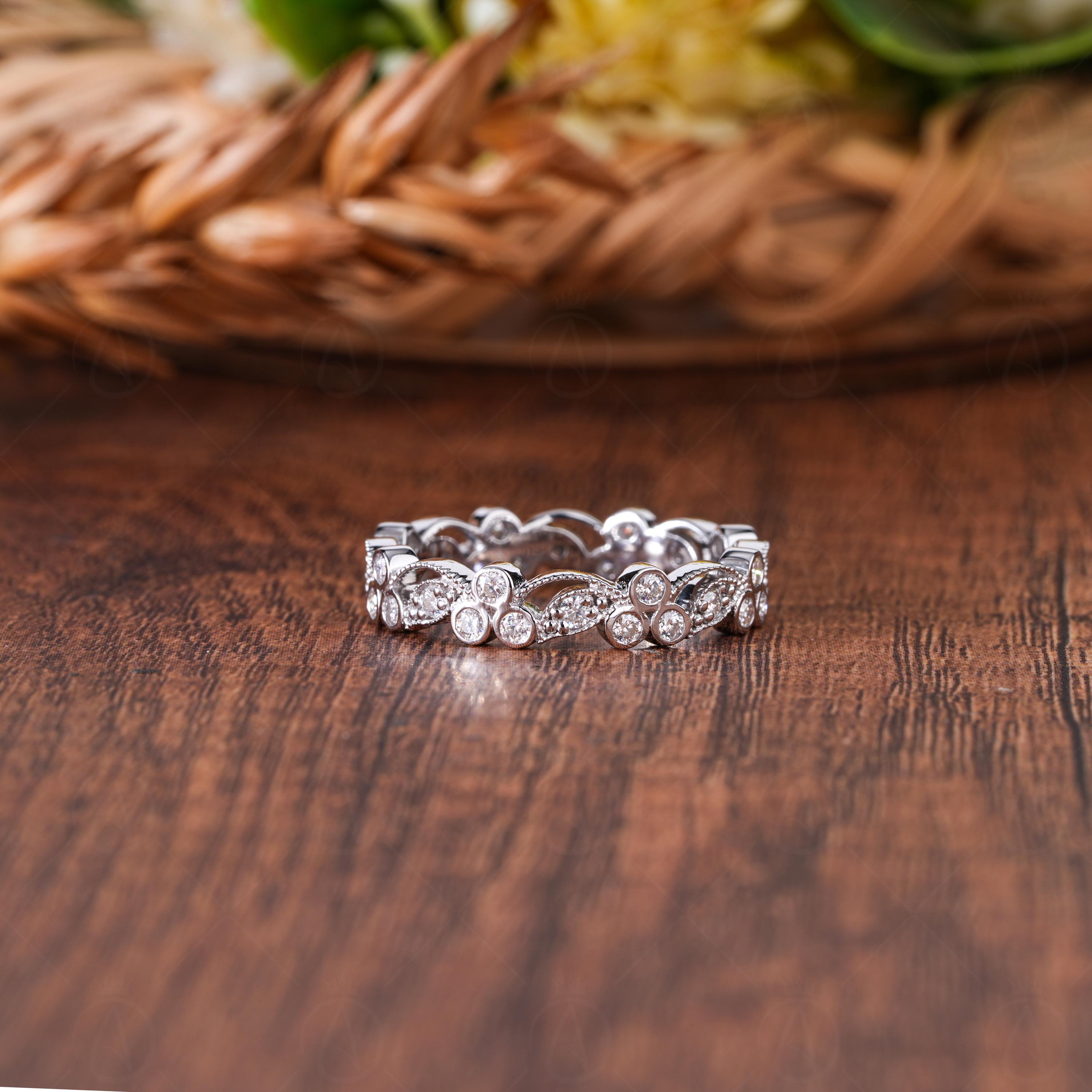 Art Deco Floral Vine Moissanite Wedding Band, Round Cut Milgrain Vintage Band, Nature Inspired Full Eternity Band