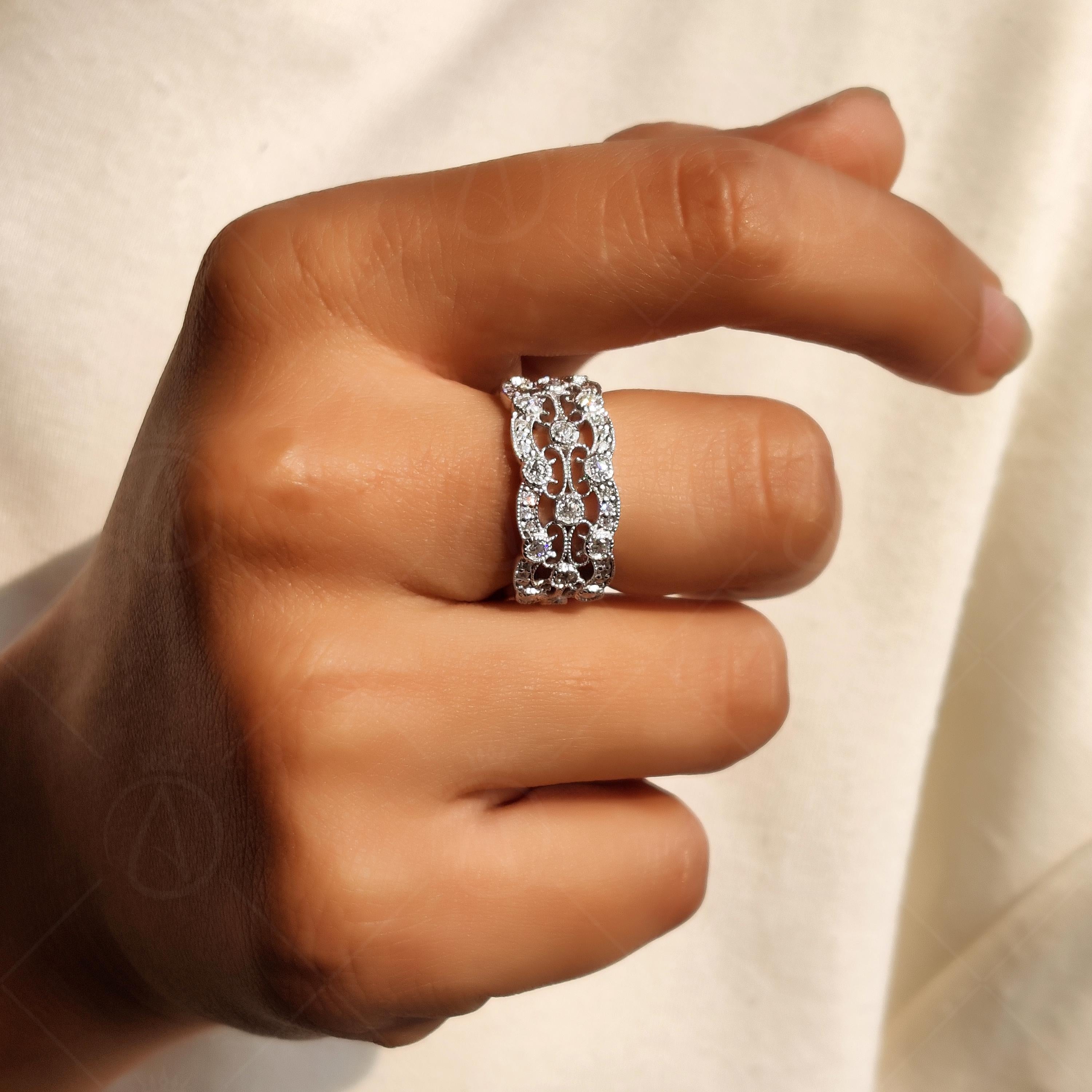 Vintage Style Moissanite Full Eternity Wedding Band, Art Deco Inspired Wide Milgrain Band, 3 Row Filigree Round Band