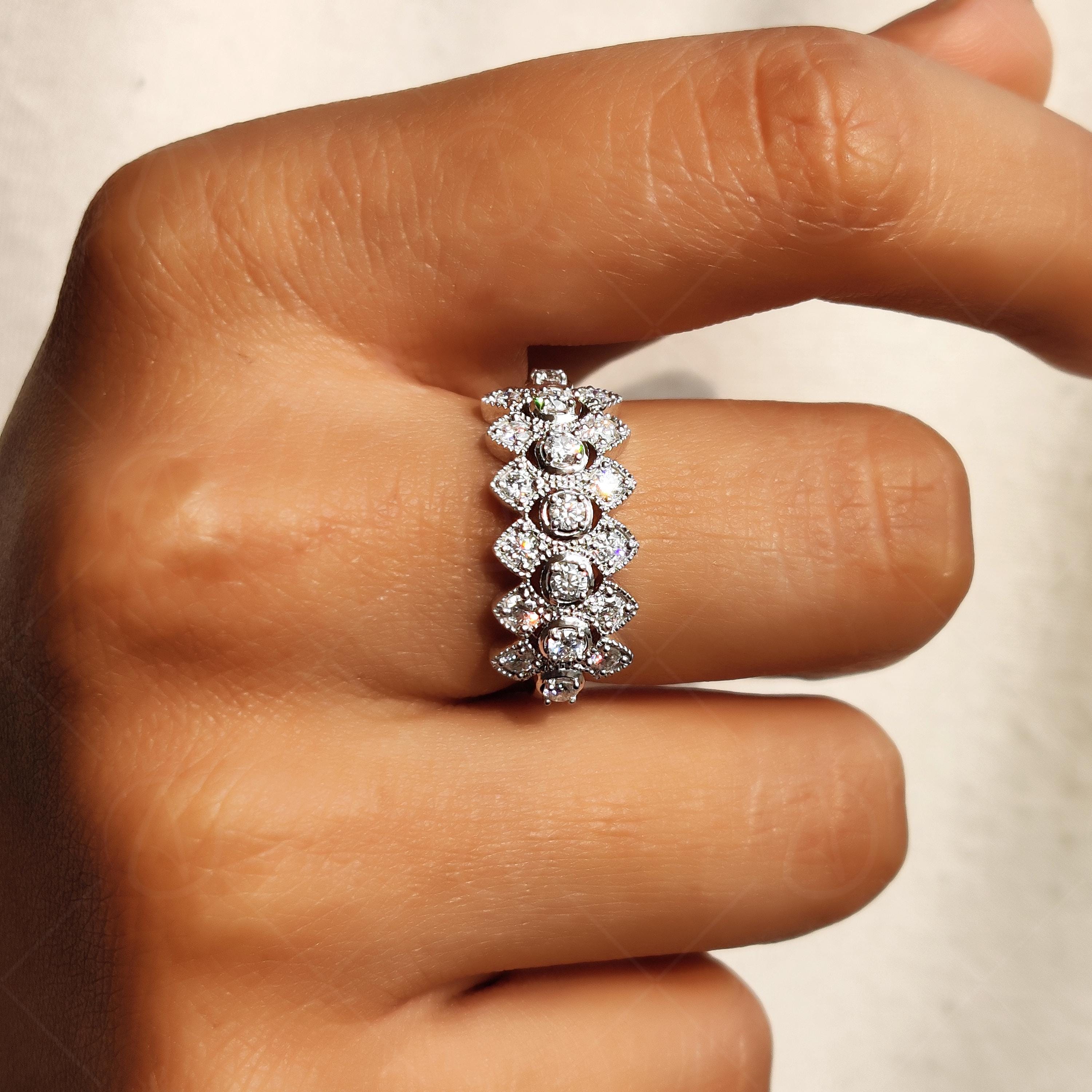 Art Deco Moissanite Wedding Band, Scalloped Milgrain, Anniversary Gift