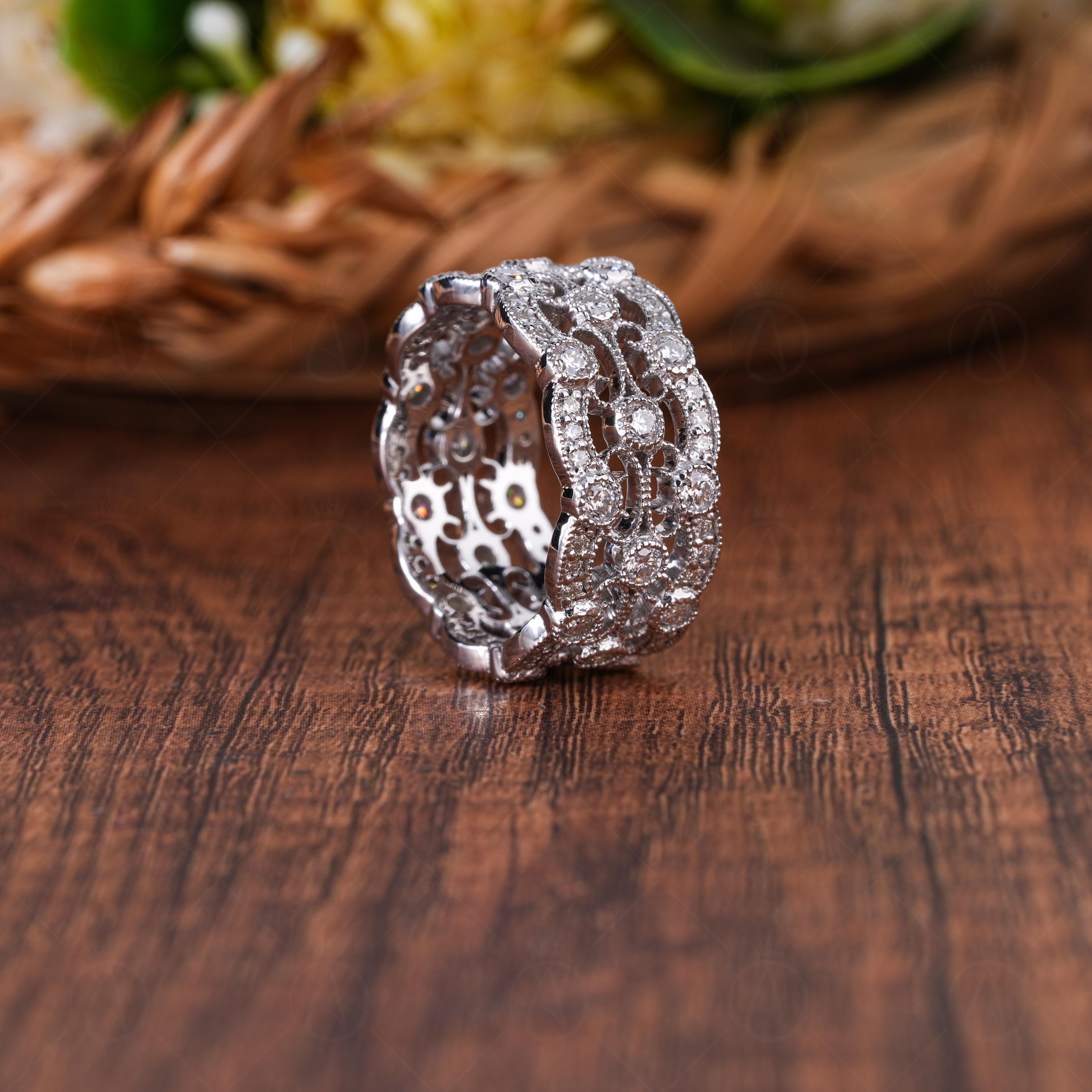 Vintage Style Moissanite Full Eternity Wedding Band, Art Deco Inspired Wide Milgrain Band, 3 Row Filigree Round Band