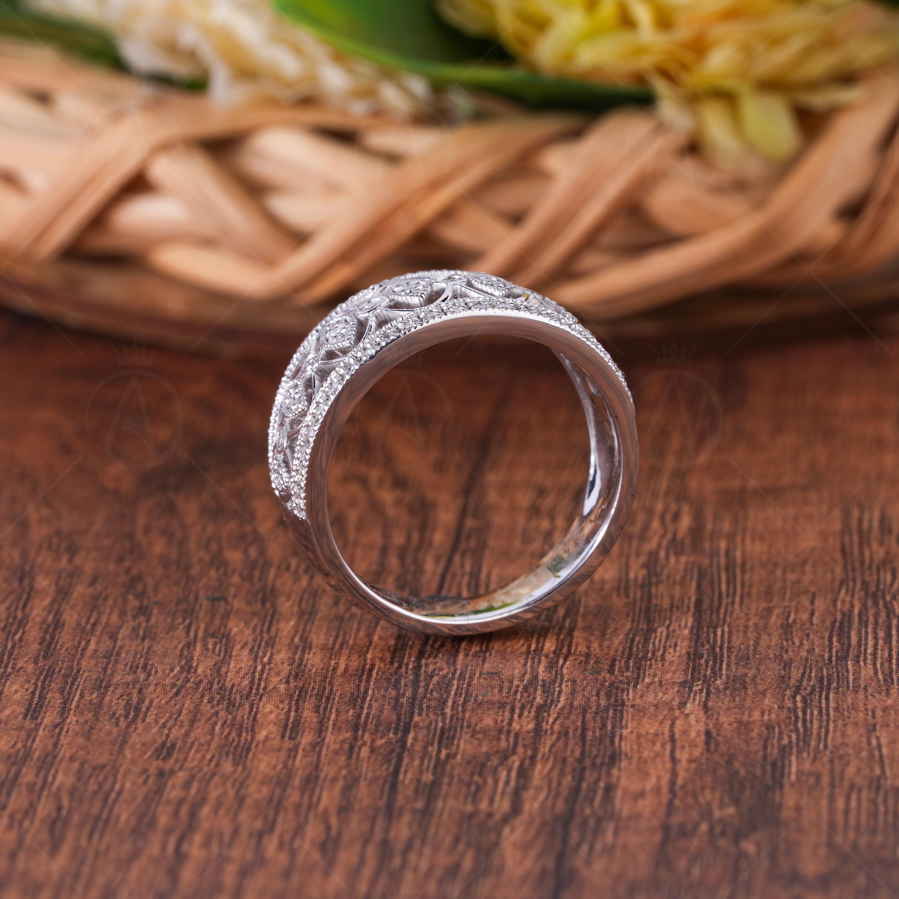 Vintage Art Deco Moissanite Wedding Band, Filigree White Gold