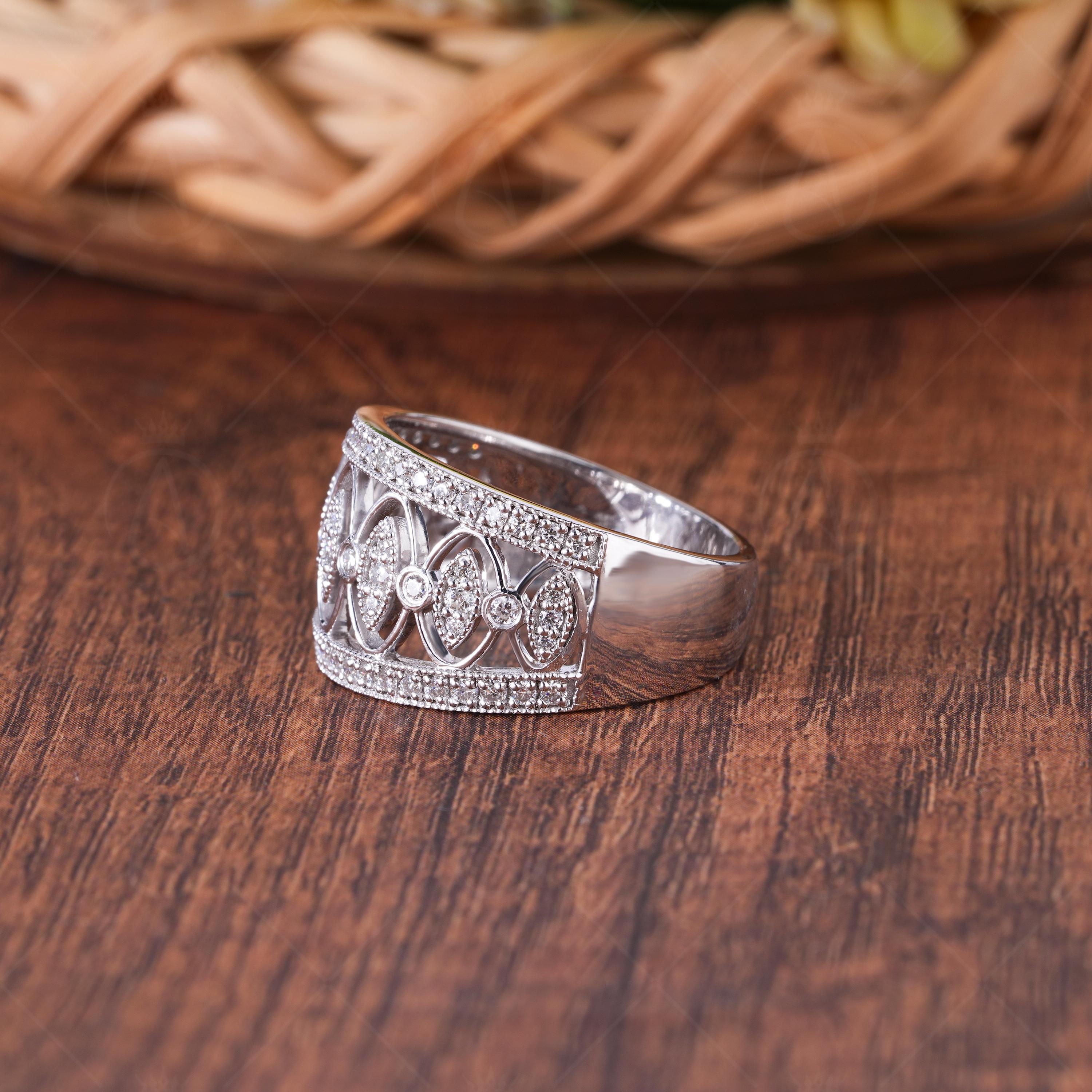 Vintage Art Deco Moissanite Wedding Band, Filigree White Gold