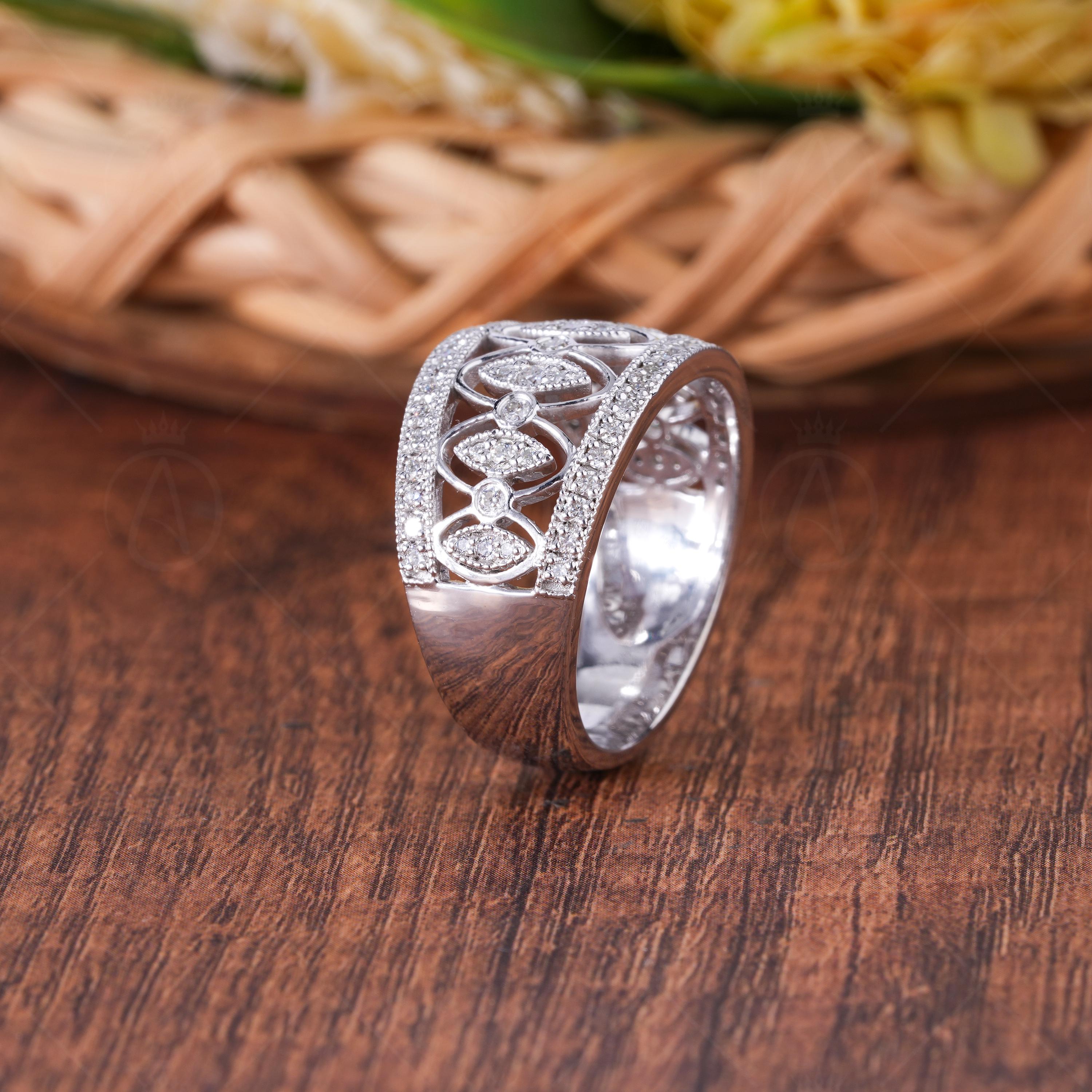 Vintage Art Deco Moissanite Wedding Band, Filigree White Gold