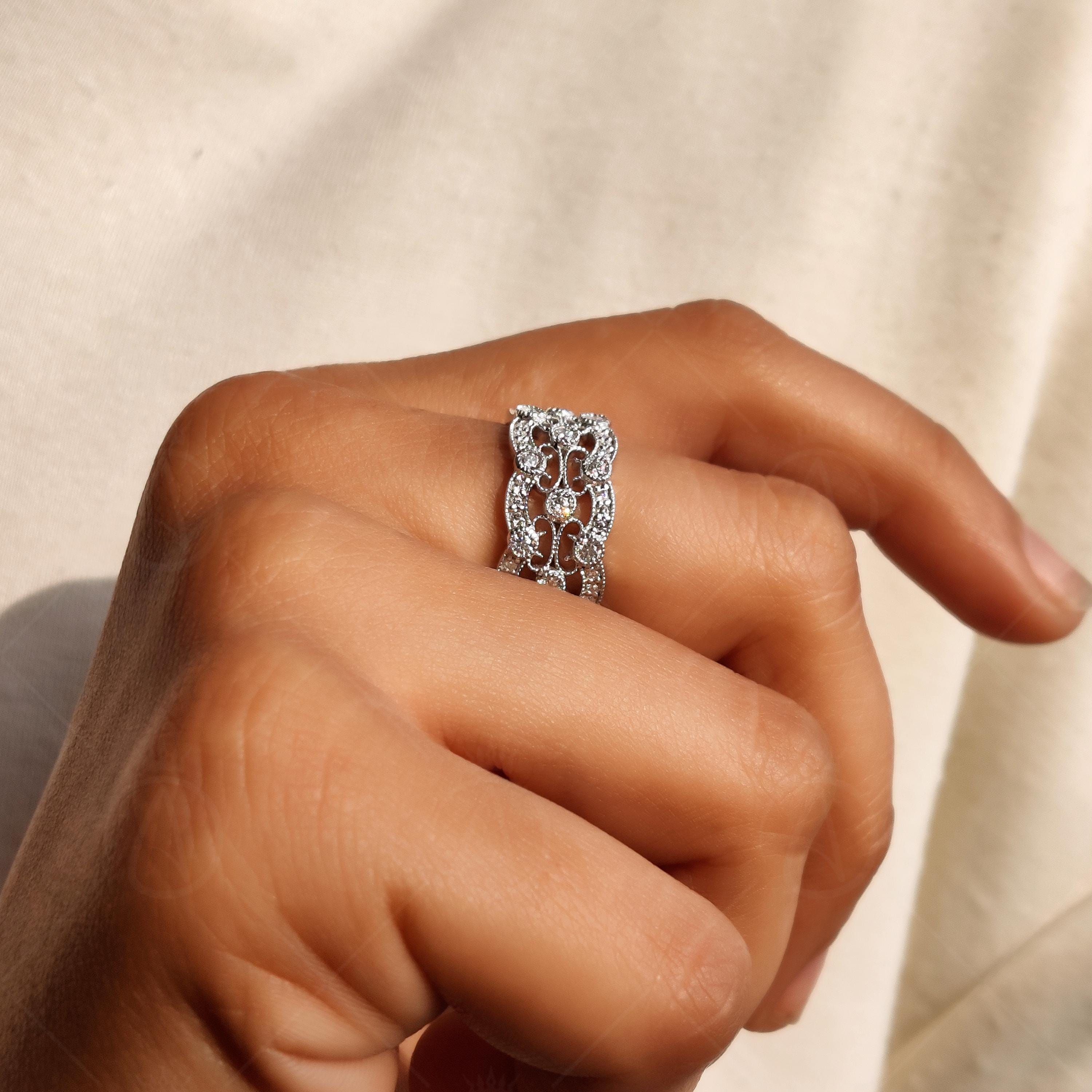 Vintage Style Moissanite Full Eternity Wedding Band, Art Deco Inspired Wide Milgrain Band, 3 Row Filigree Round Band