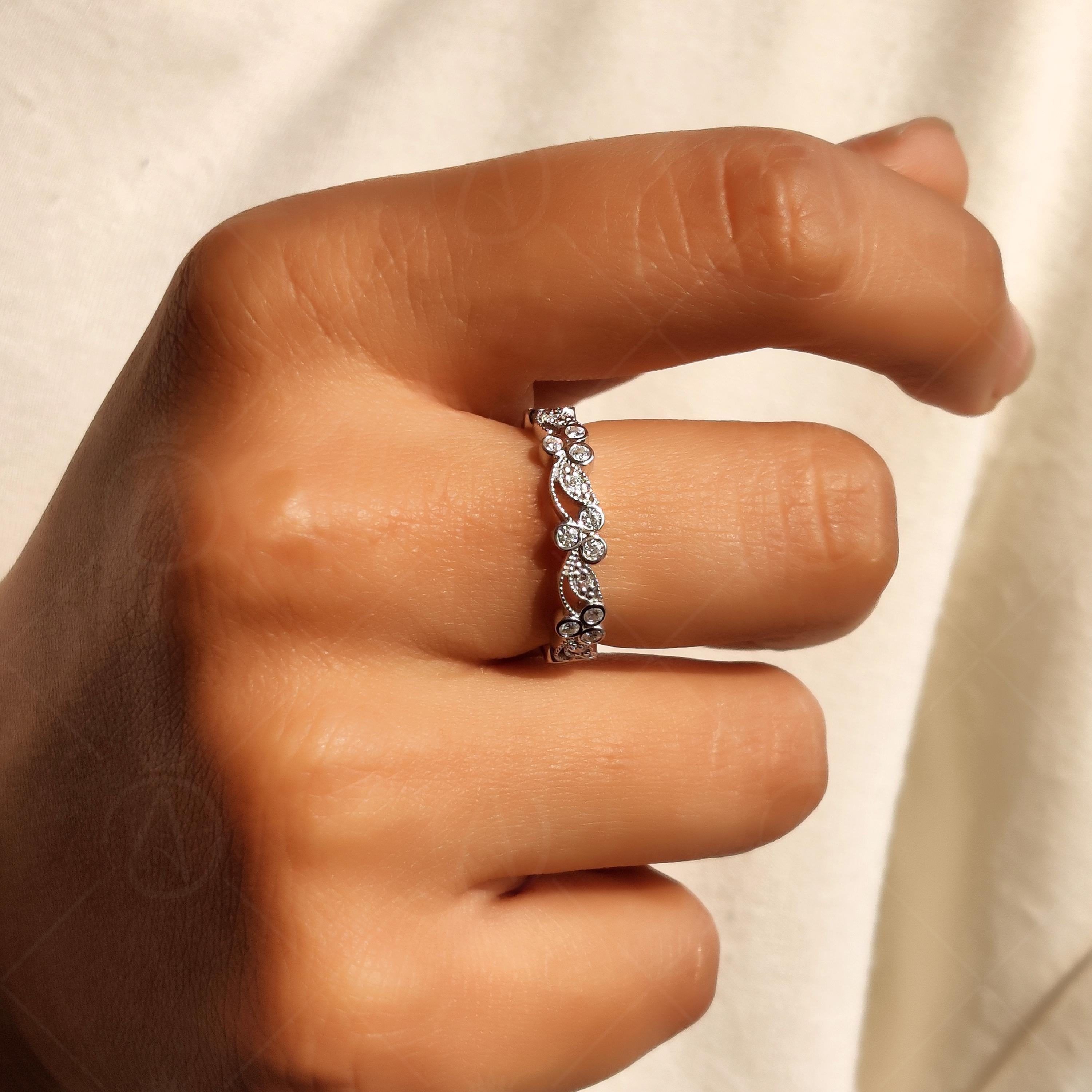Art Deco Floral Vine Moissanite Wedding Band, Round Cut Milgrain Vintage Band, Nature Inspired Full Eternity Band