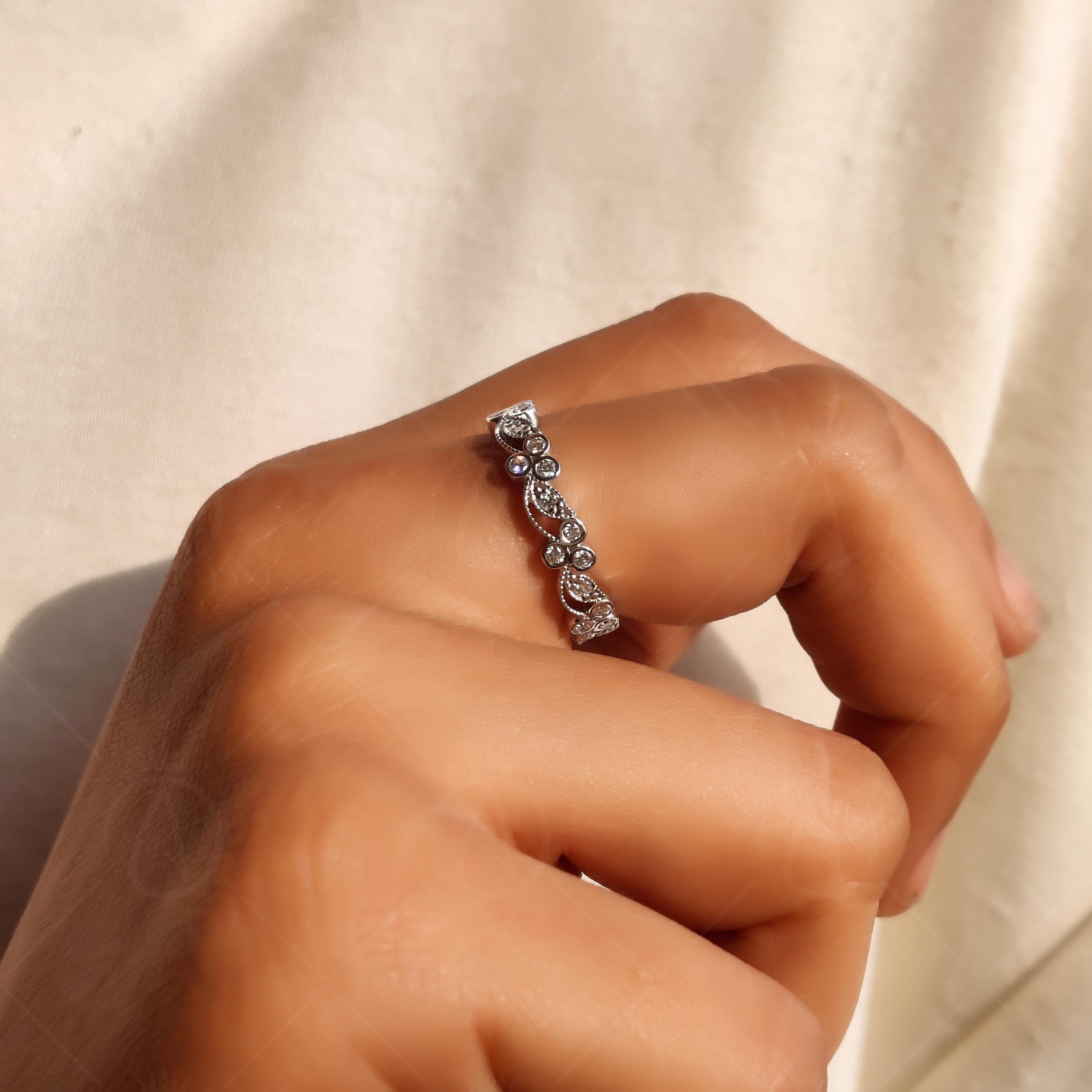 Art Deco Floral Vine Moissanite Wedding Band, Round Cut Milgrain Vintage Band, Nature Inspired Full Eternity Band