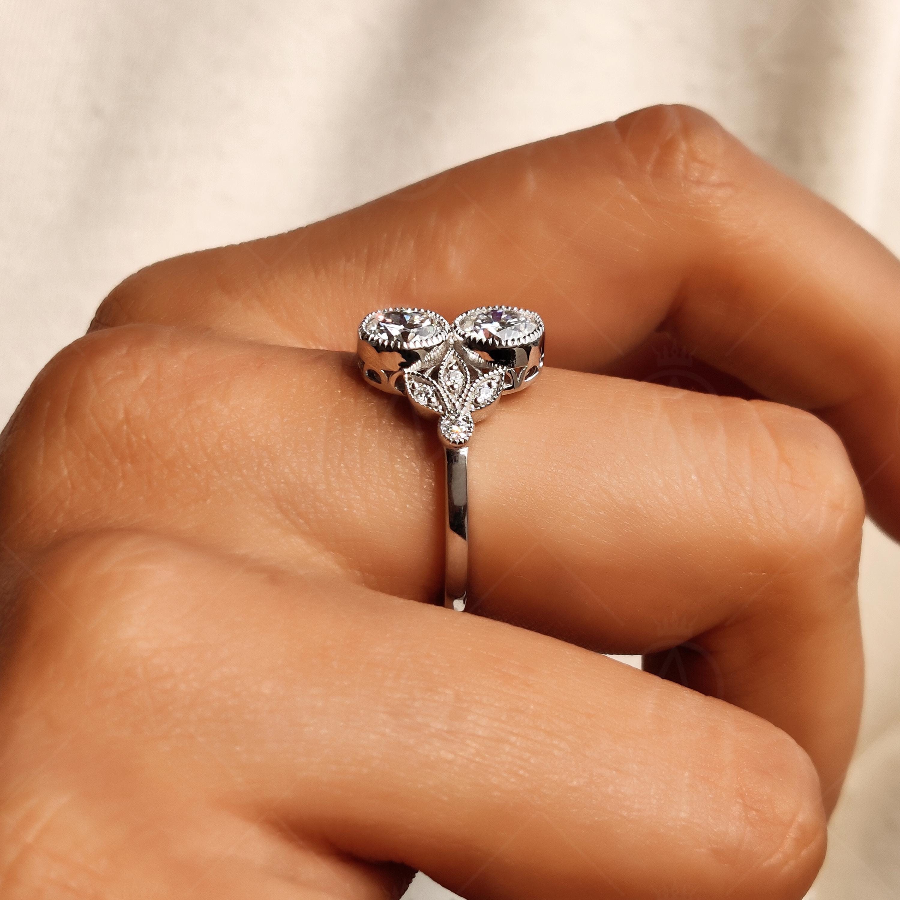 Edwardian Style Toi Et Moi Moissanite Engagement Ring, Art Deco Round Cut Milgrain Ring