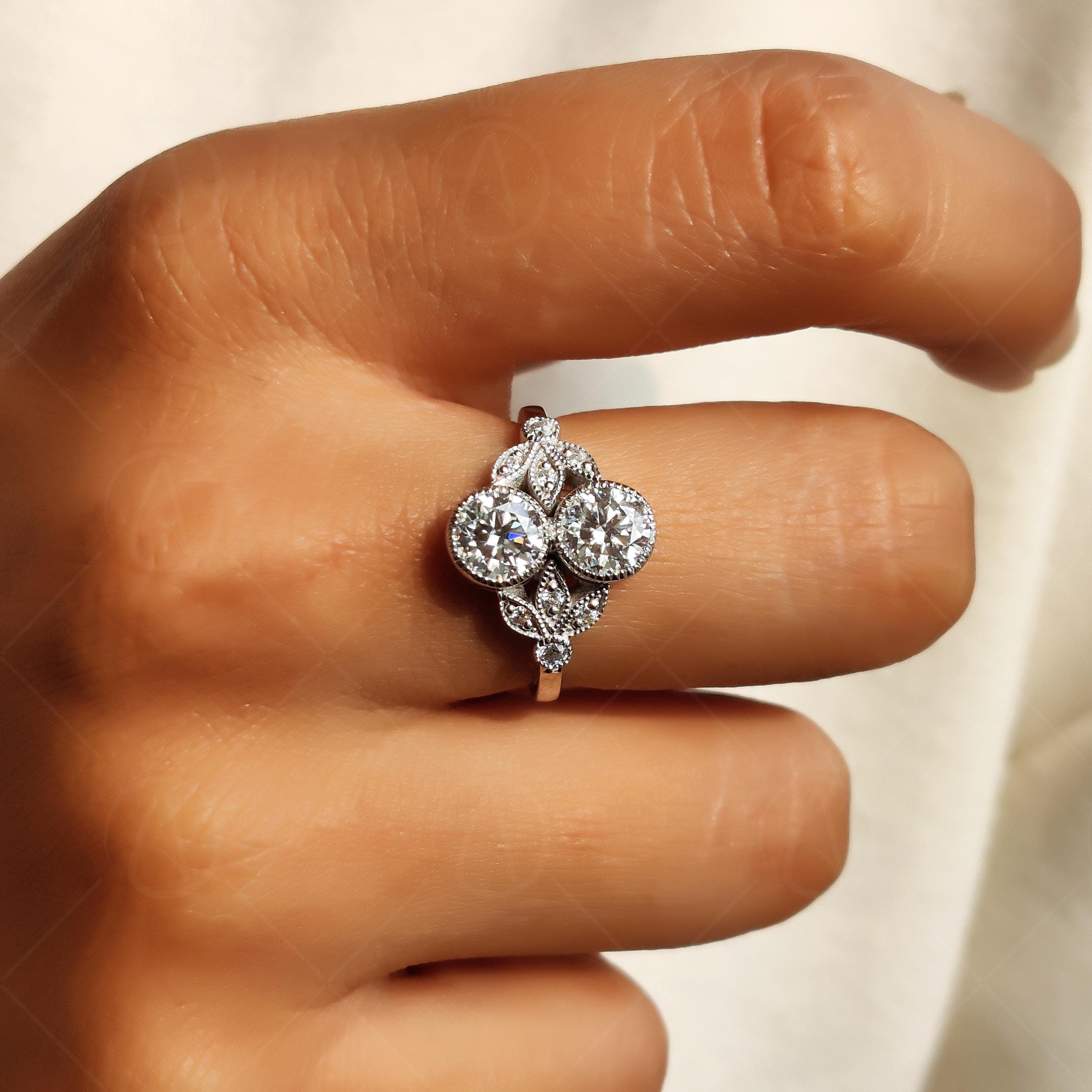 Edwardian Style Toi Et Moi Moissanite Engagement Ring, Art Deco Round Cut Milgrain Ring