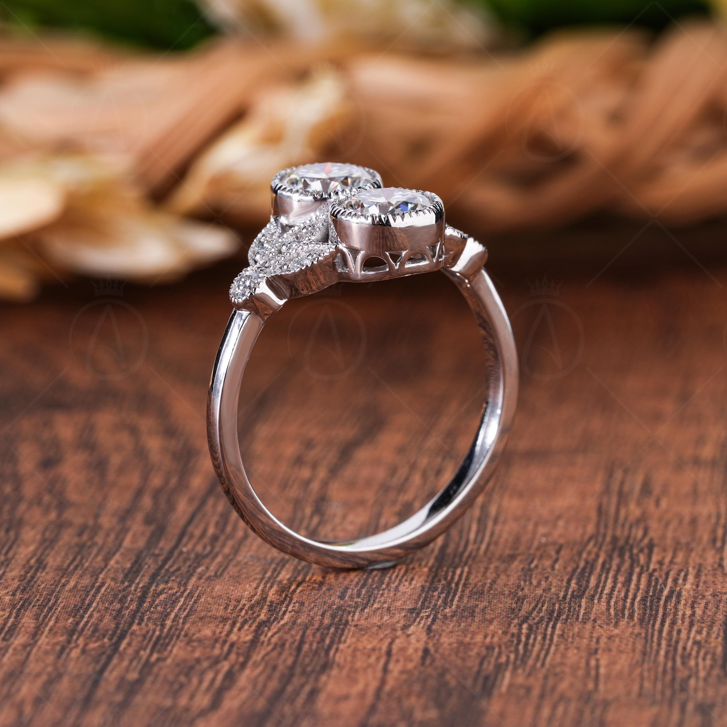 Edwardian Style Toi Et Moi Moissanite Engagement Ring, Art Deco Round Cut Milgrain Ring