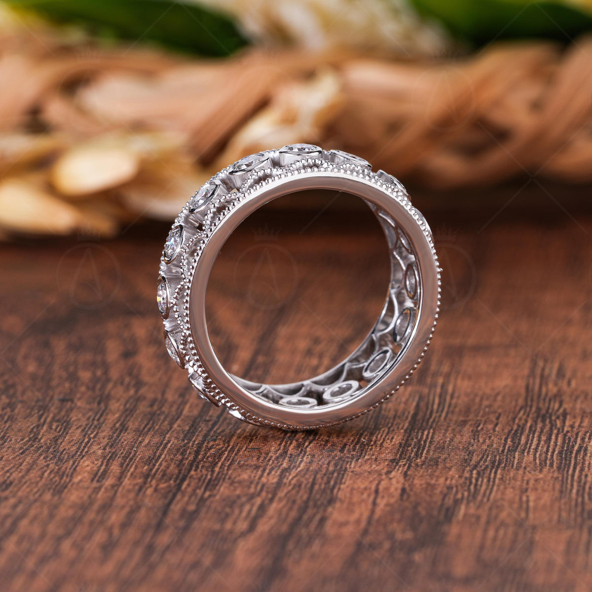 Filigree Moissanite Wedding Band, Vintage Style Eternity Ring