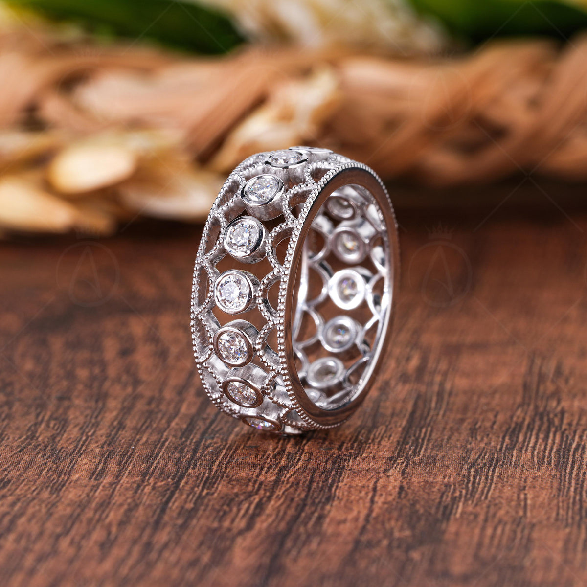 Filigree Moissanite Wedding Band, Vintage Style Eternity Ring