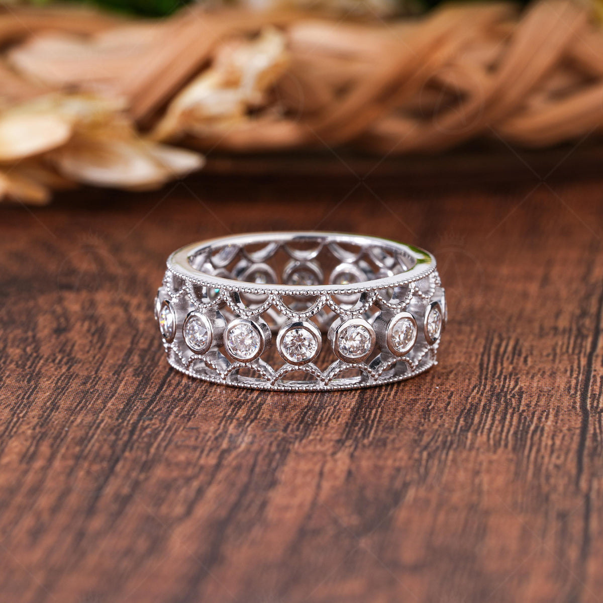Filigree Moissanite Wedding Band, Vintage Style Eternity Ring