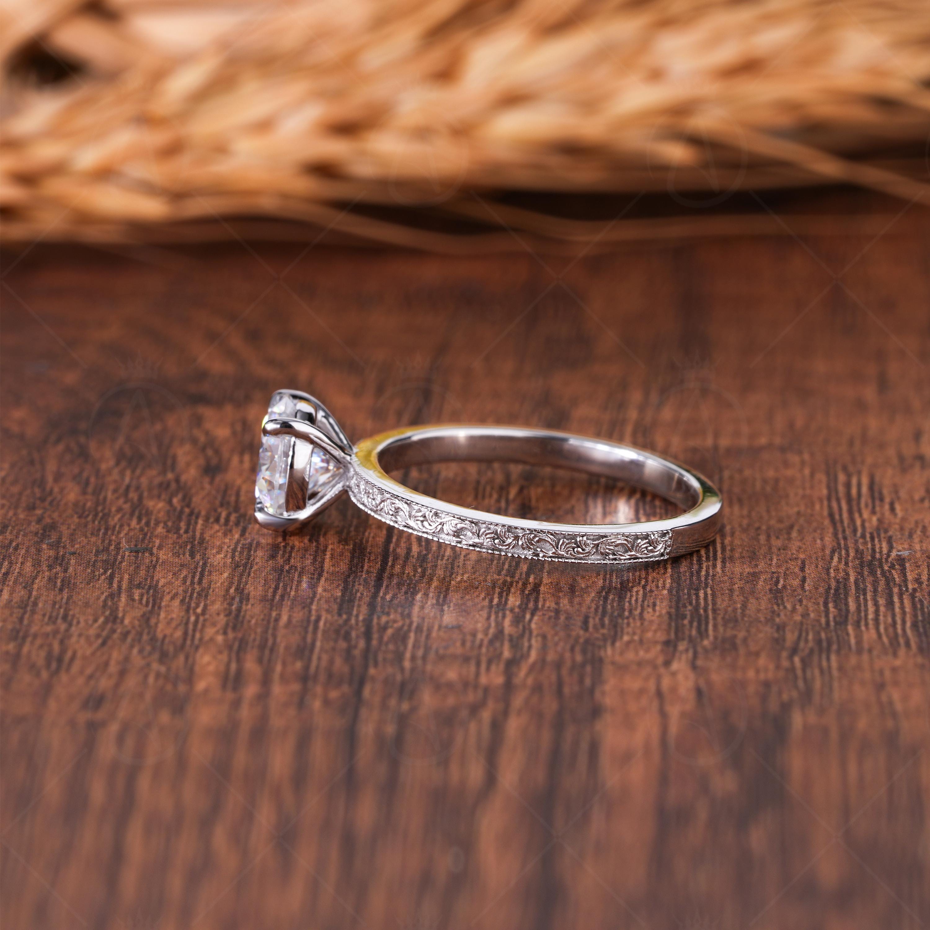 Vintage Style Moissanite Engraved Round Cut Solitaire Engagement Ring, Promise Ring For Her