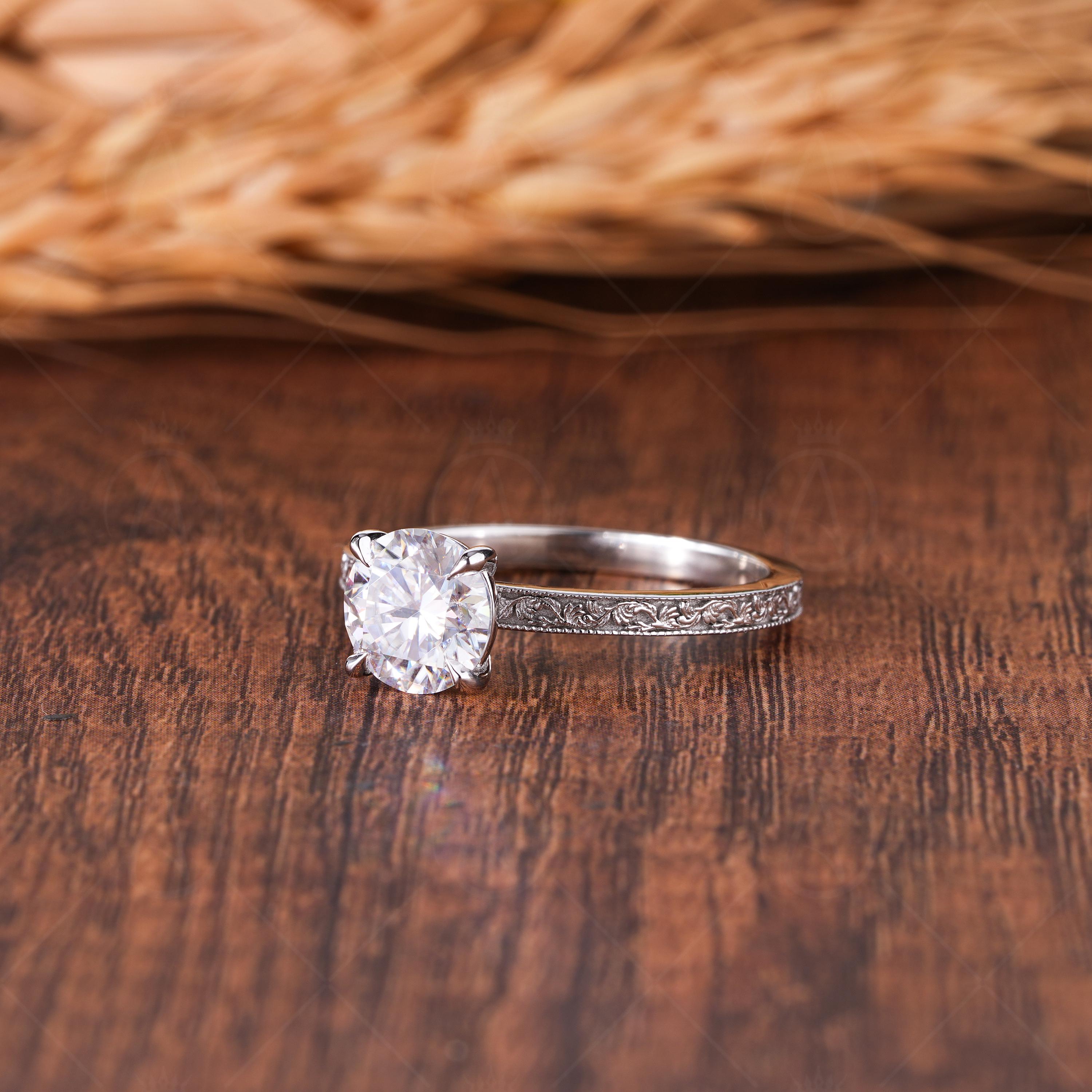 Vintage Style Moissanite Engraved Round Cut Solitaire Engagement Ring, Promise Ring For Her