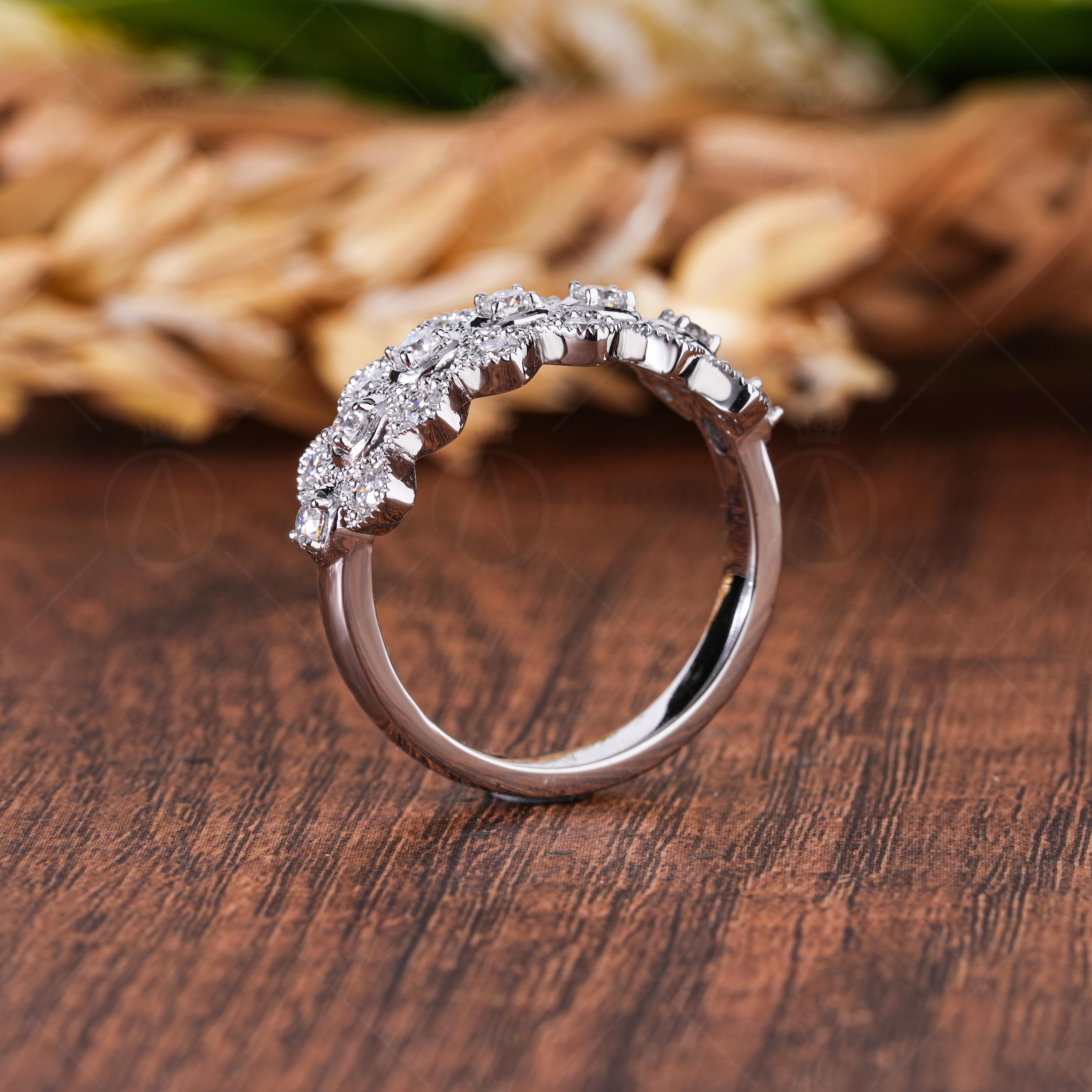 Art Deco Moissanite Wedding Band, Scalloped Milgrain, Anniversary Gift