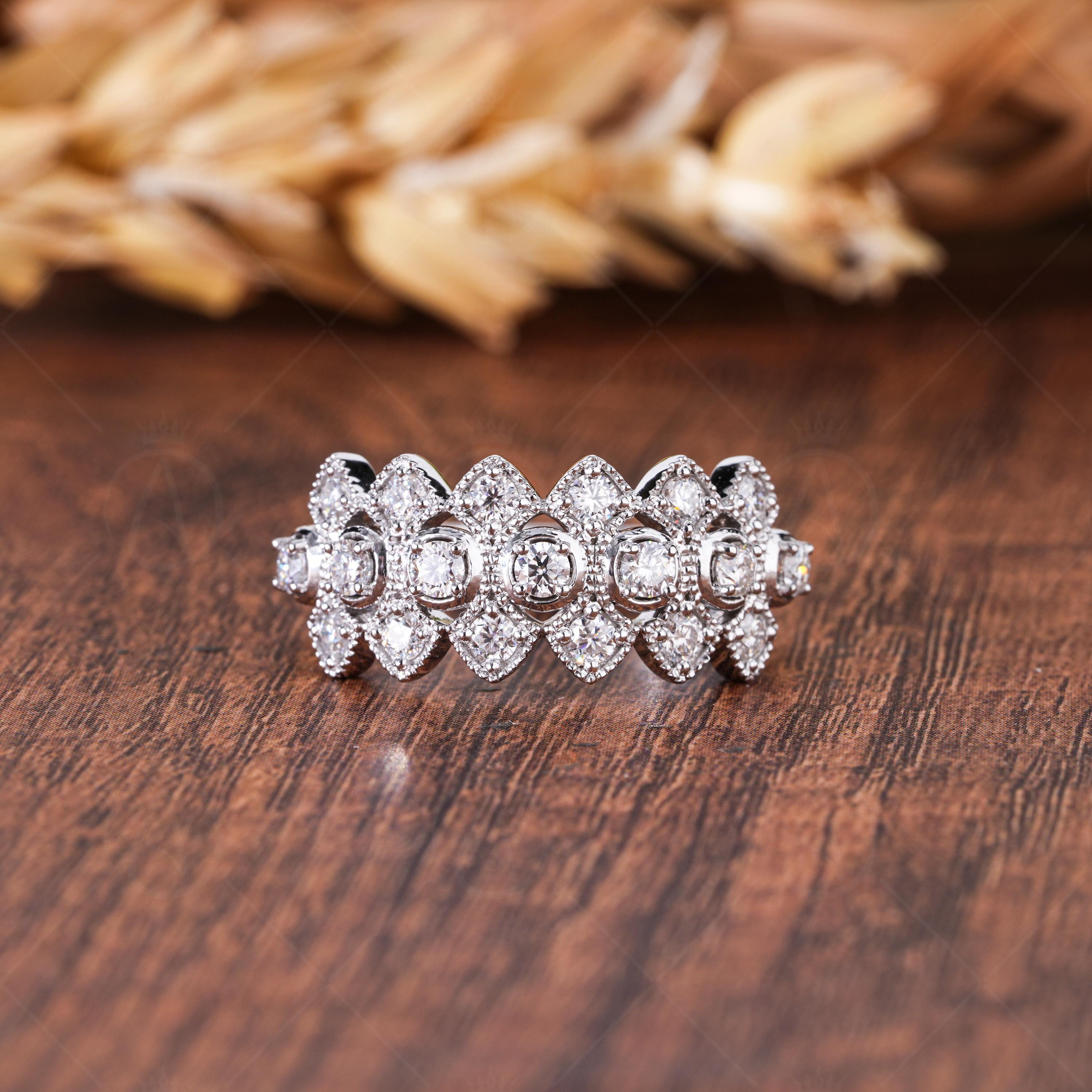 Art Deco Moissanite Wedding Band, Scalloped Milgrain, Anniversary Gift