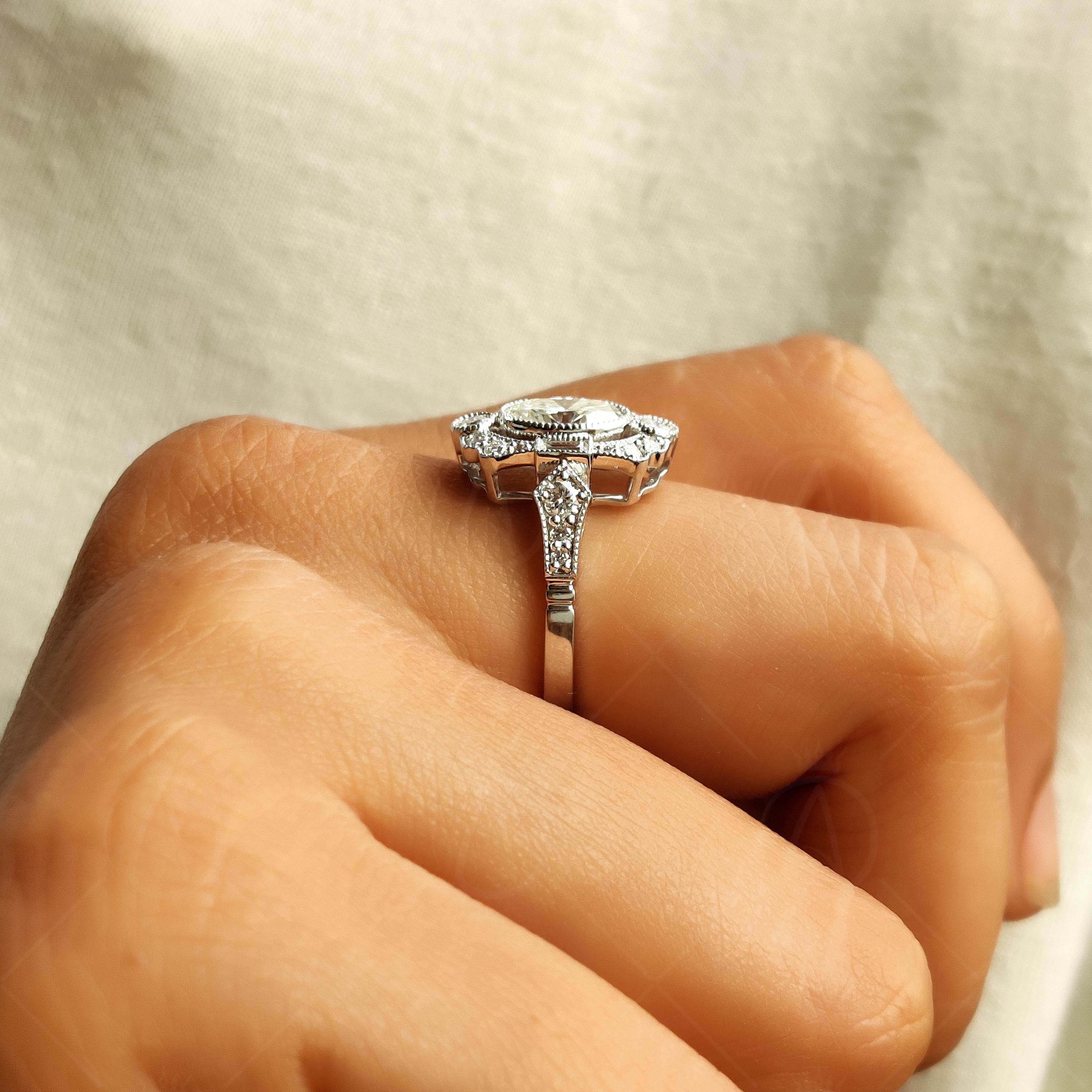 Vintage Inspired Moissanite Oval Cut Halo Milgrain Engagement Ring