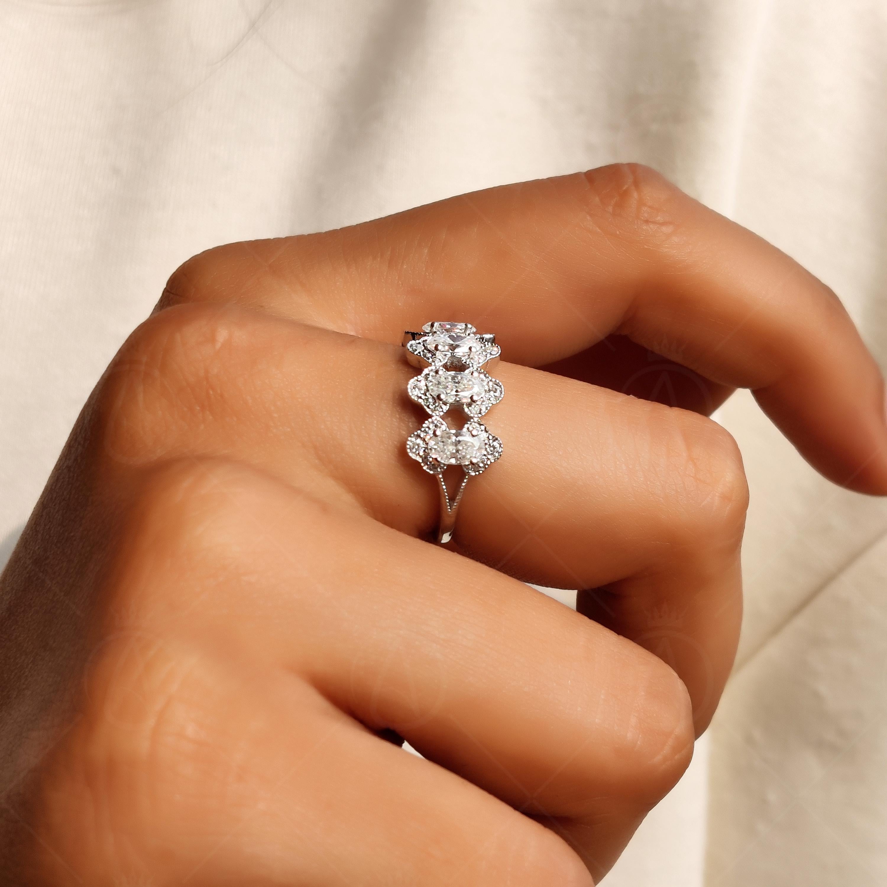 5 Stone Moissanite Oval Cut Halo Style Split Shank Milgrain Anniversary Band