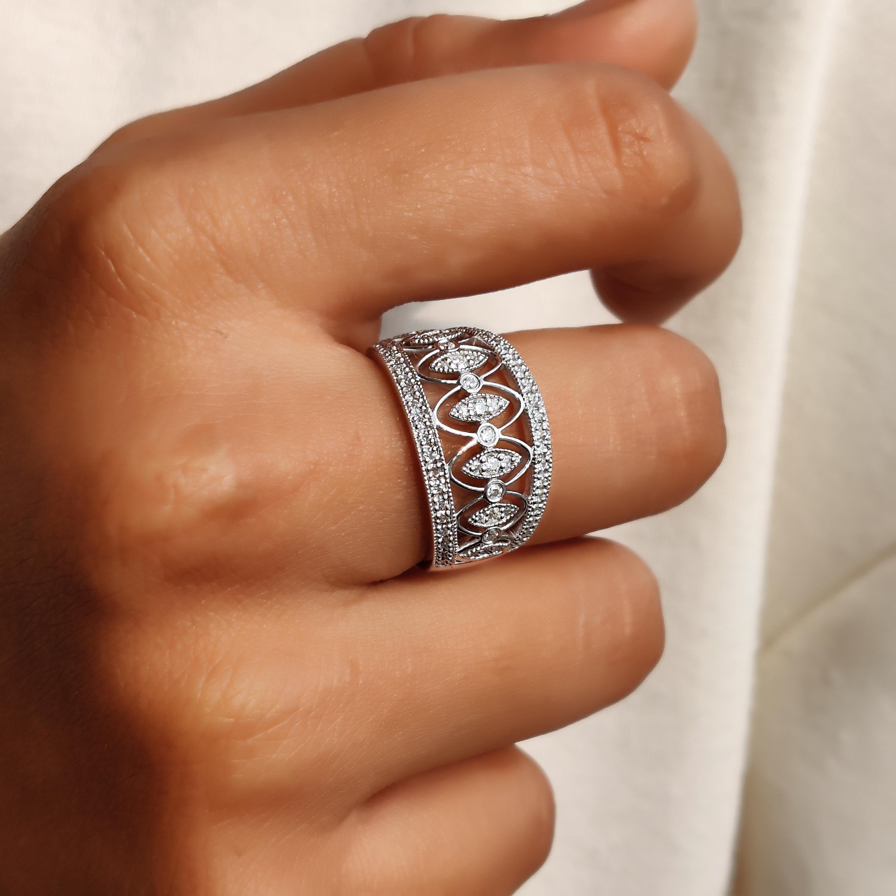 Vintage Art Deco Moissanite Wedding Band, Filigree White Gold