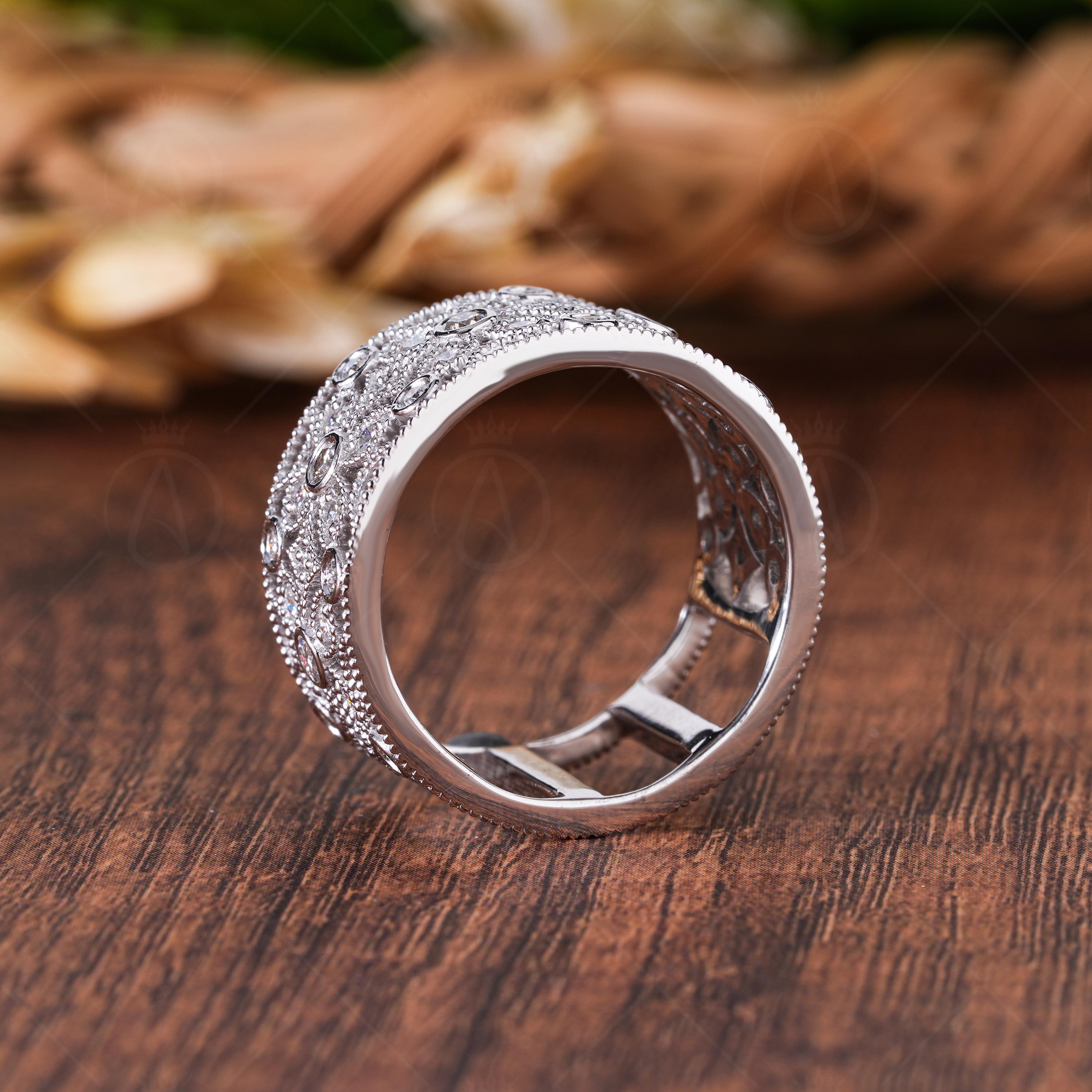 Flower Shape Art Deco Moissanite Wide Wedding Band, Filigree Thick Round Cut Anniversary Ring