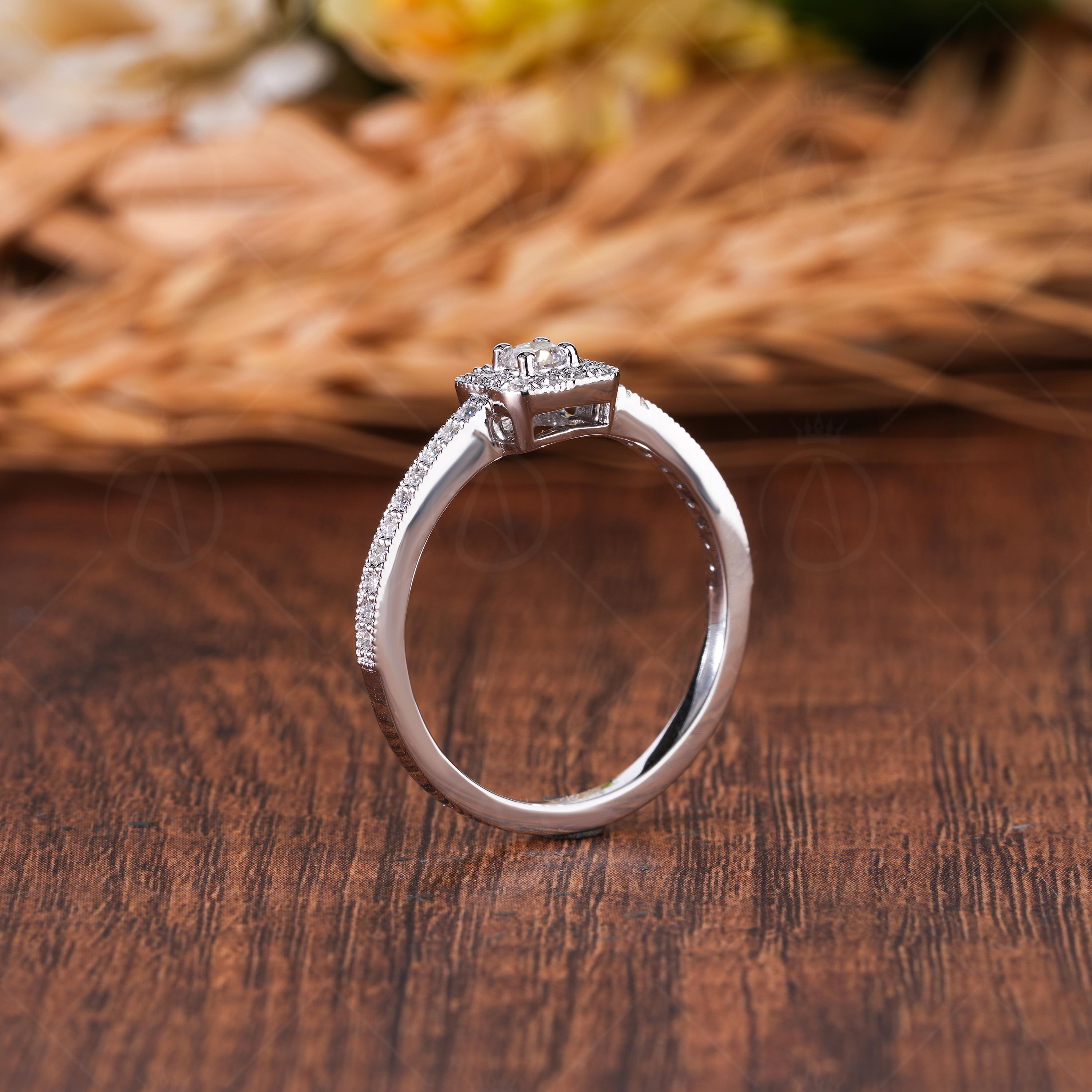 Vintage Inspired Moissanite Round Cut Halo Engagement Ring, Art Deco Heirloom Milgrain Promise Ring