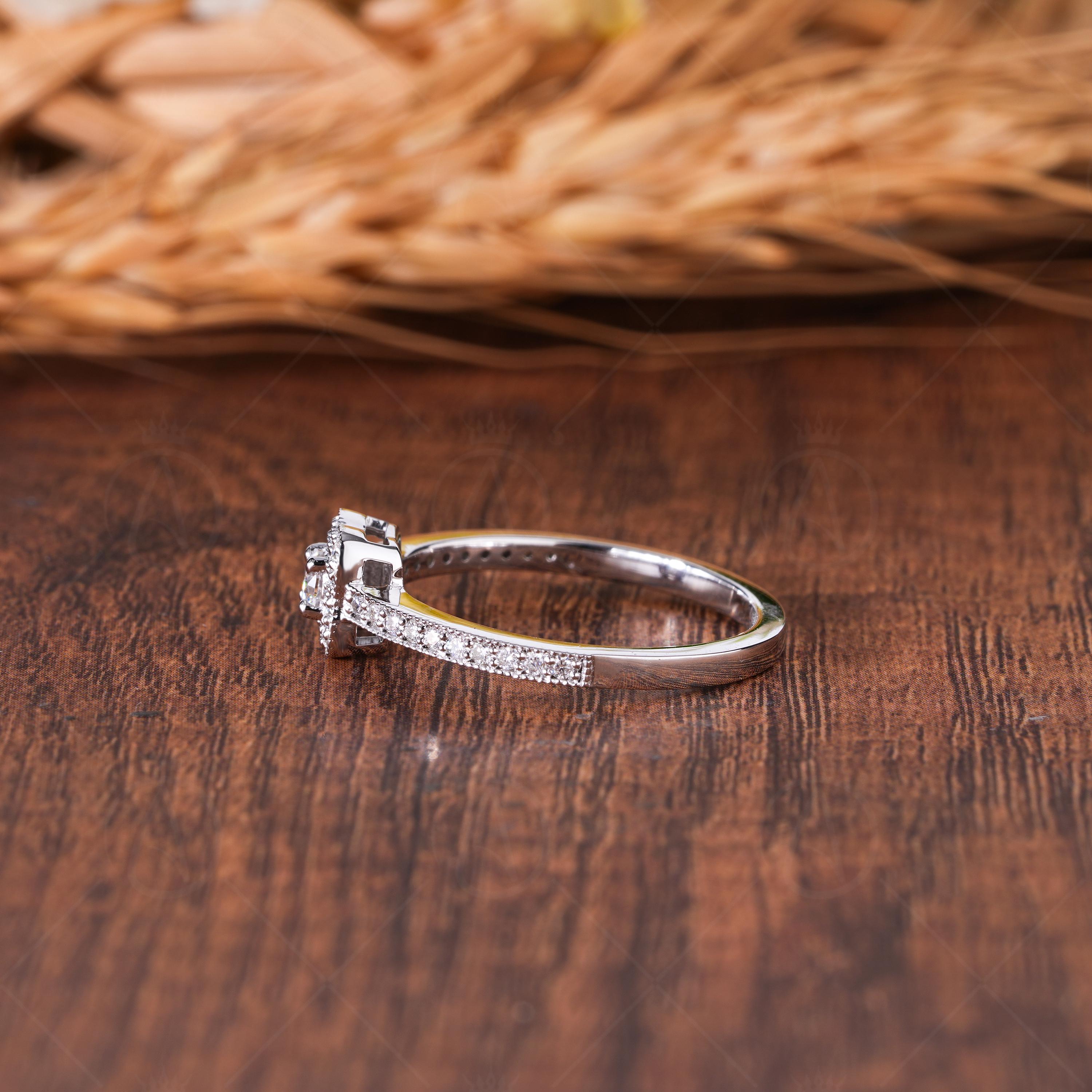 Vintage Inspired Moissanite Round Cut Halo Engagement Ring, Art Deco Heirloom Milgrain Promise Ring