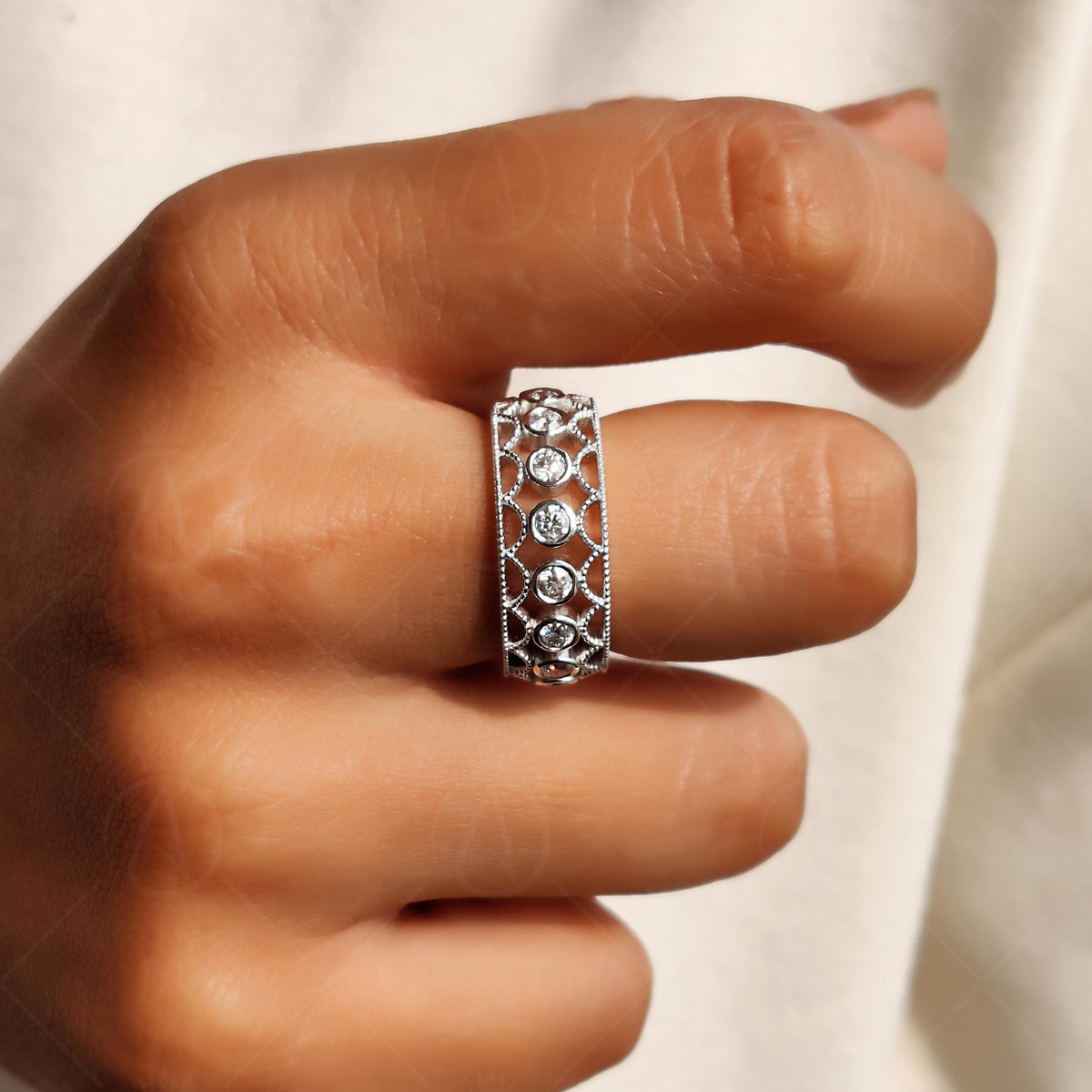 Filigree Moissanite Wedding Band, Vintage Style Eternity Ring